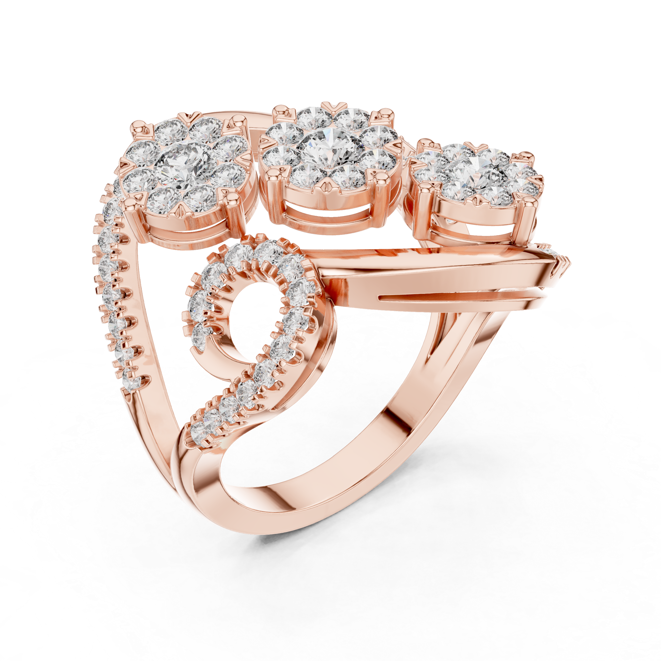 The Bayeux Ring - Triple Floral Cluster Diamond Ring with Swirling Pavé