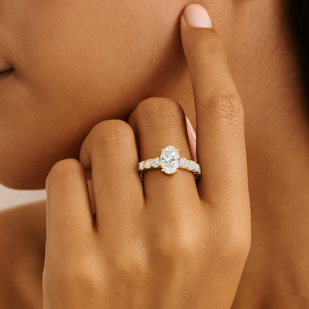 The Sigulda Ring - Oval Cut Solitaire on Shared-Prong Diamond Band