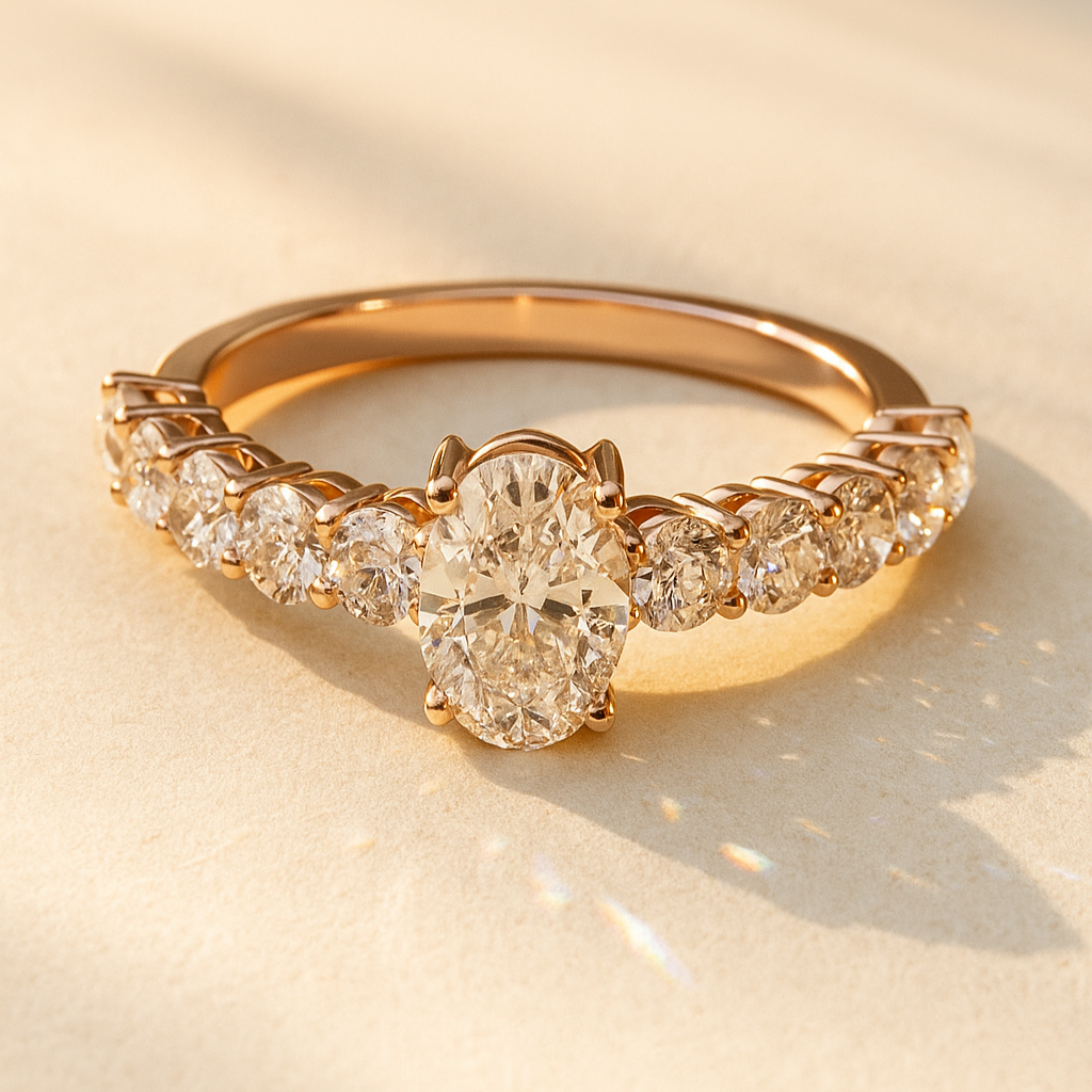 The Sigulda Ring - Oval Cut Solitaire on Shared-Prong Diamond Band