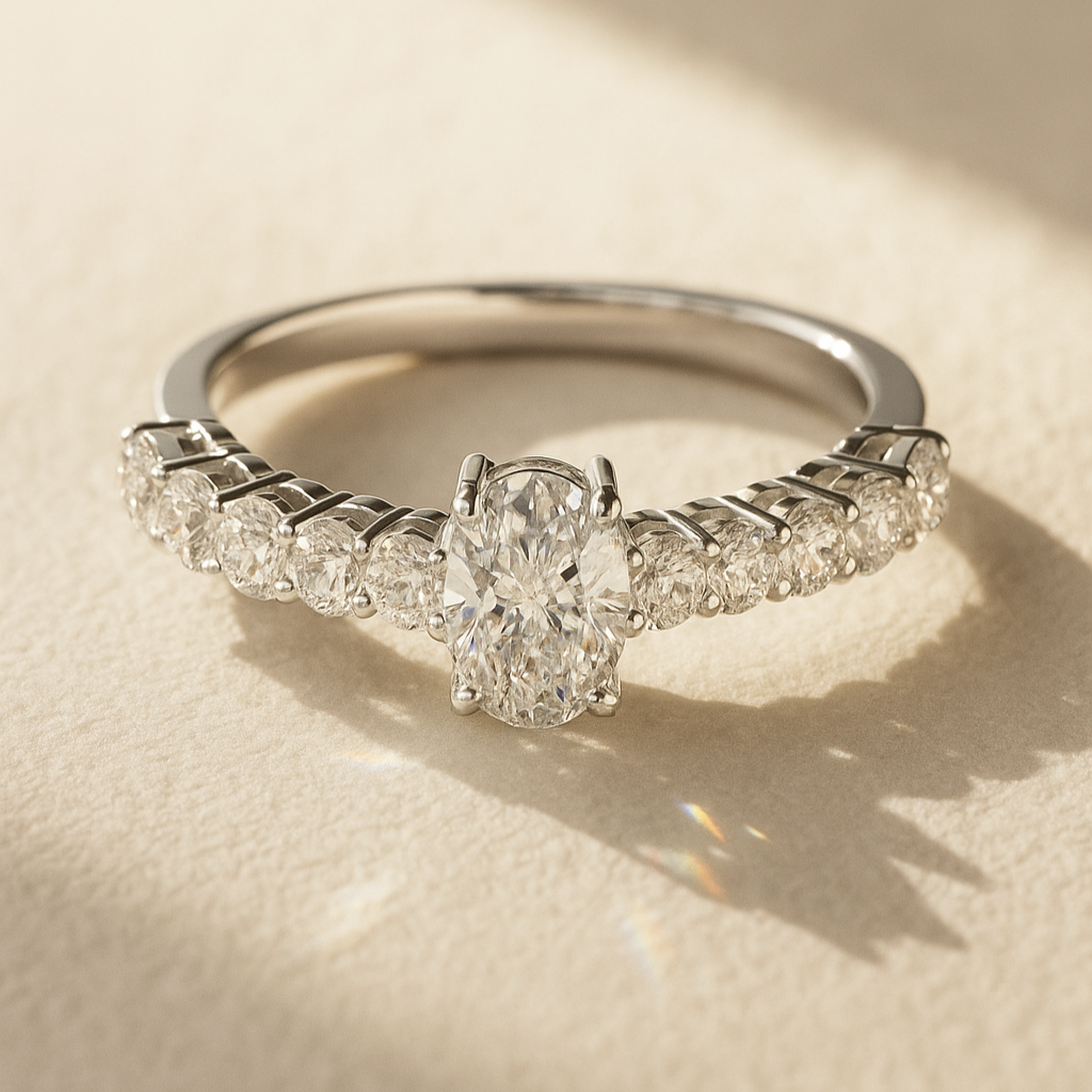 The Sigulda Ring - Oval Cut Solitaire on Shared-Prong Diamond Band