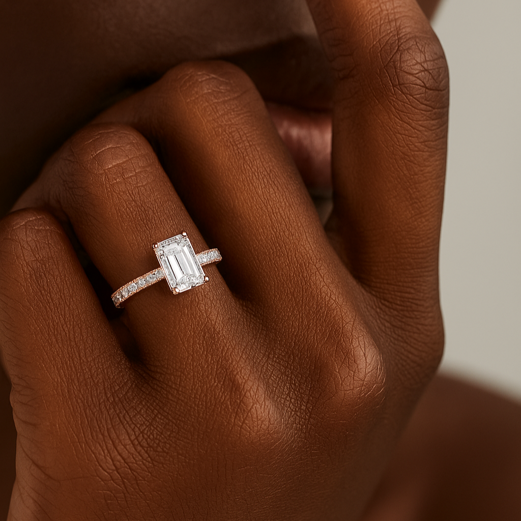 The Jurmala Ring - Emerald Cut Solitaire Pavé Engagement Ring