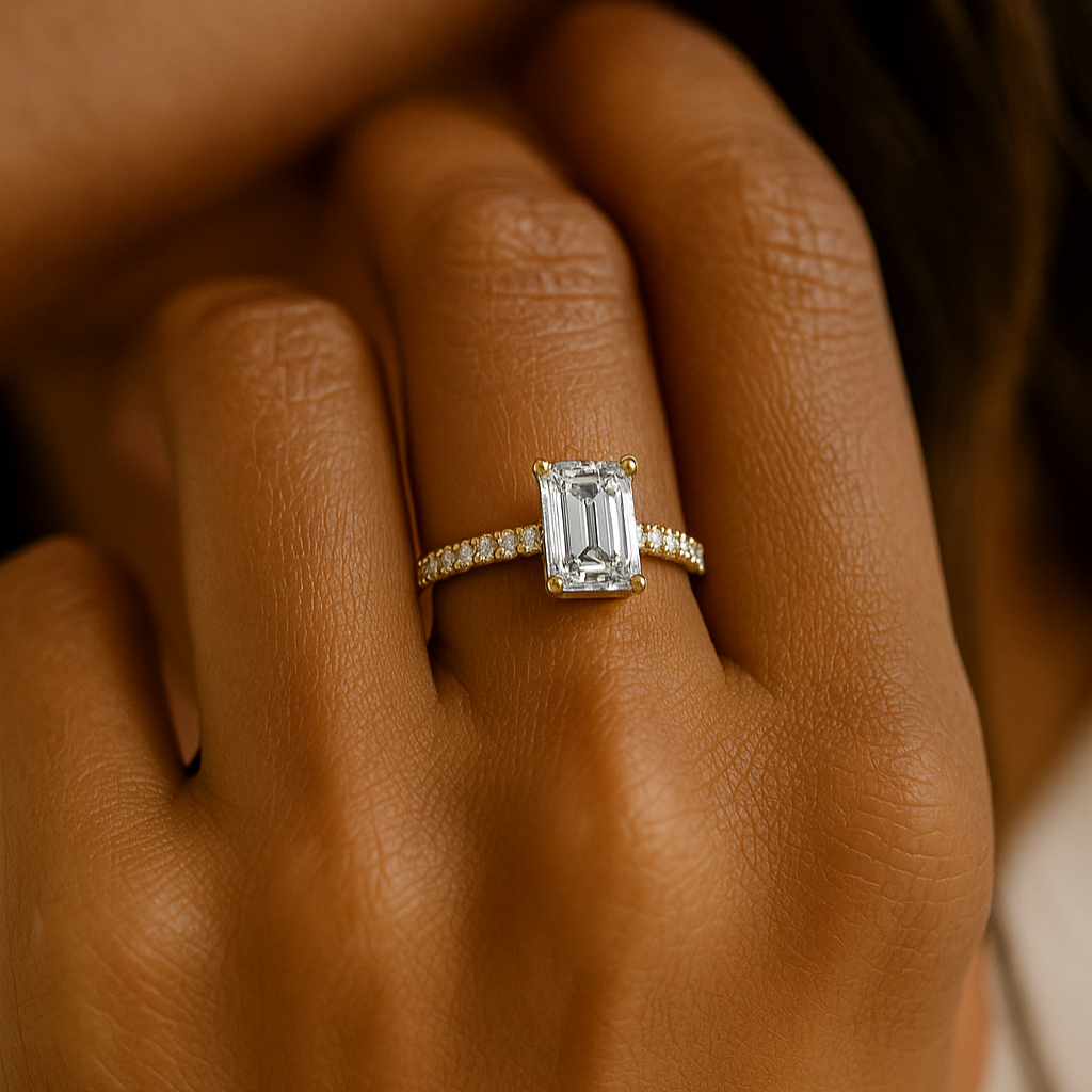 The Jurmala Ring - Emerald Cut Solitaire Pavé Engagement Ring