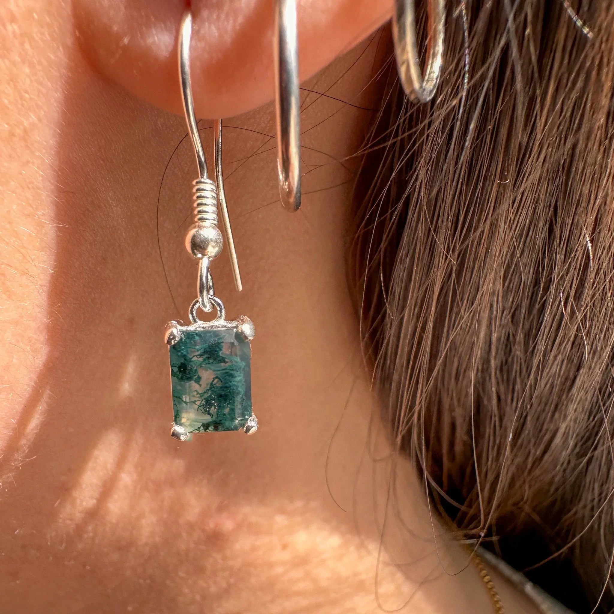 Emerald Cut Moss Agate Earrings, Sterling Silver Green Moss Agate