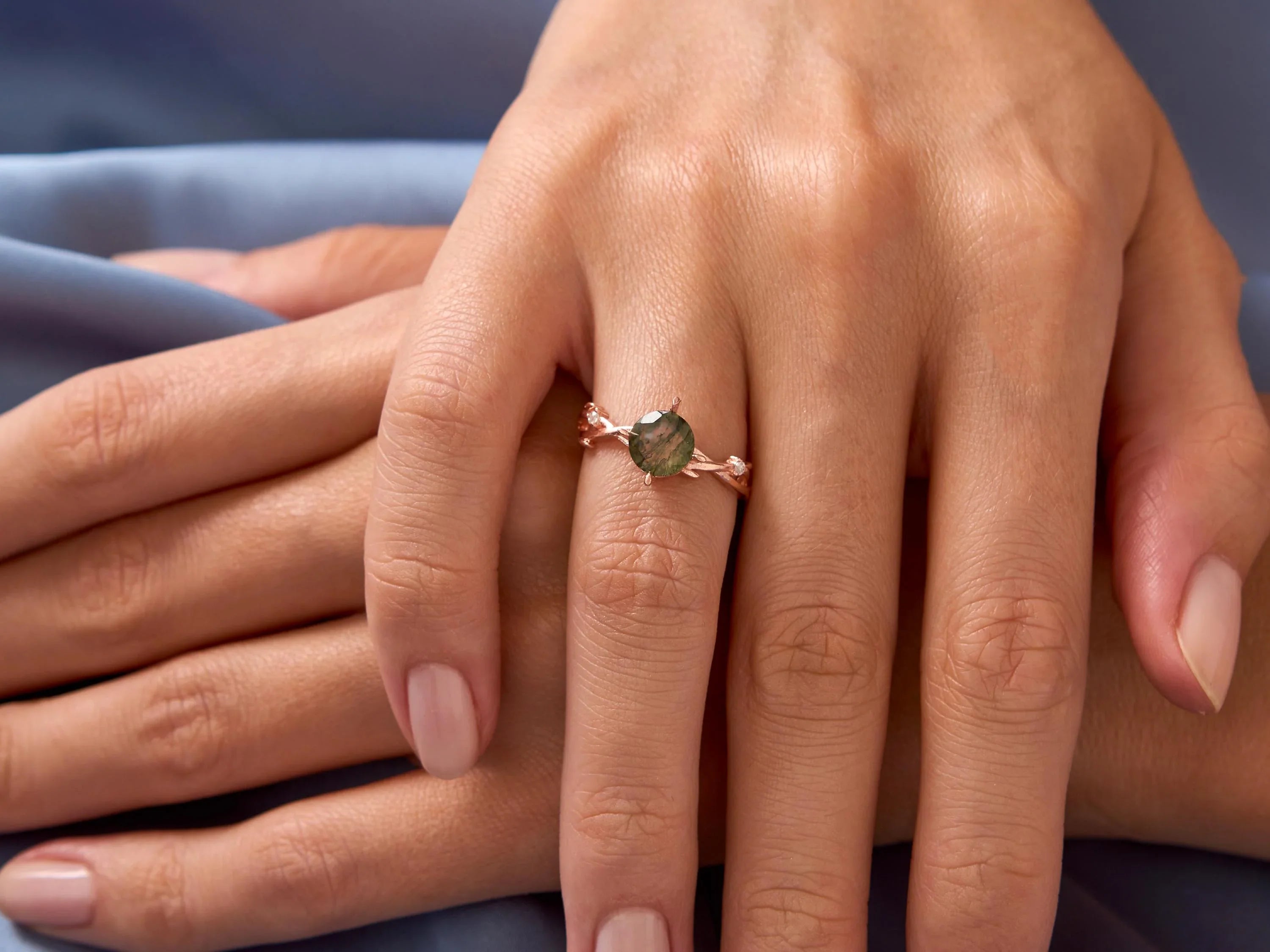 Moss Agate Diamond Ring, Branch Engagement Ring