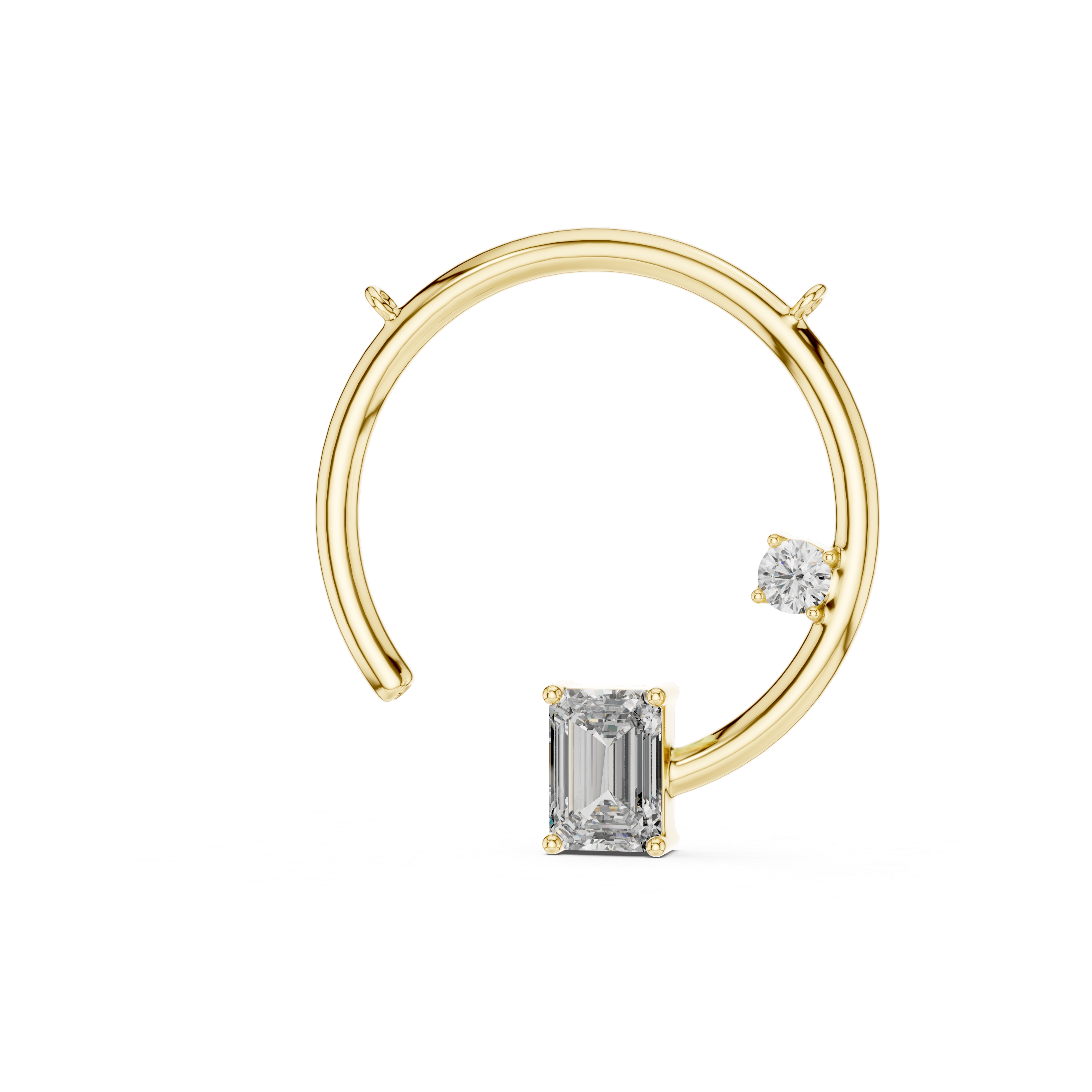 Gold earring with a central diamond and smaller gemstones on a white background