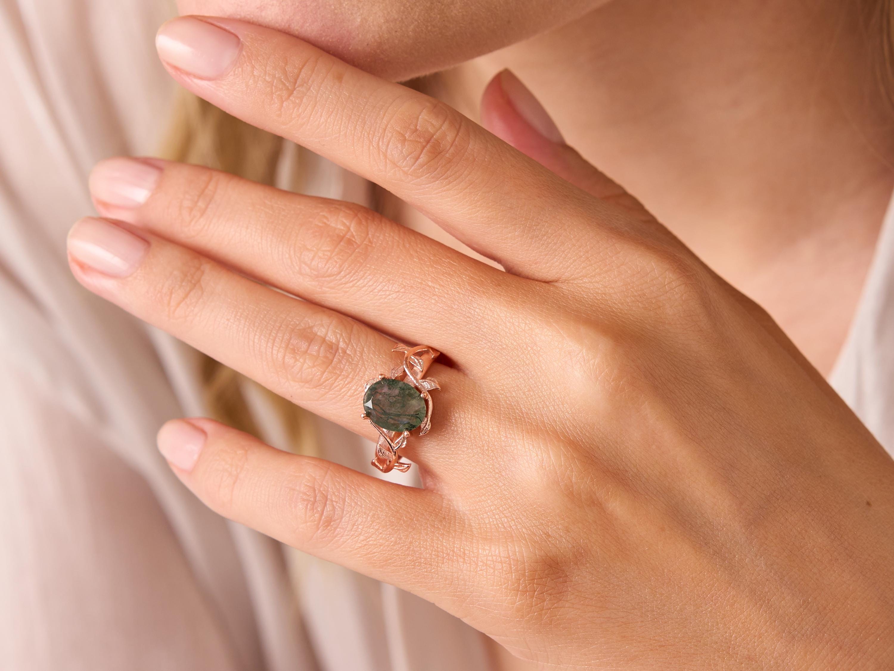 Moss Agate Engagement Ring, Moss Agate Ring Twigs