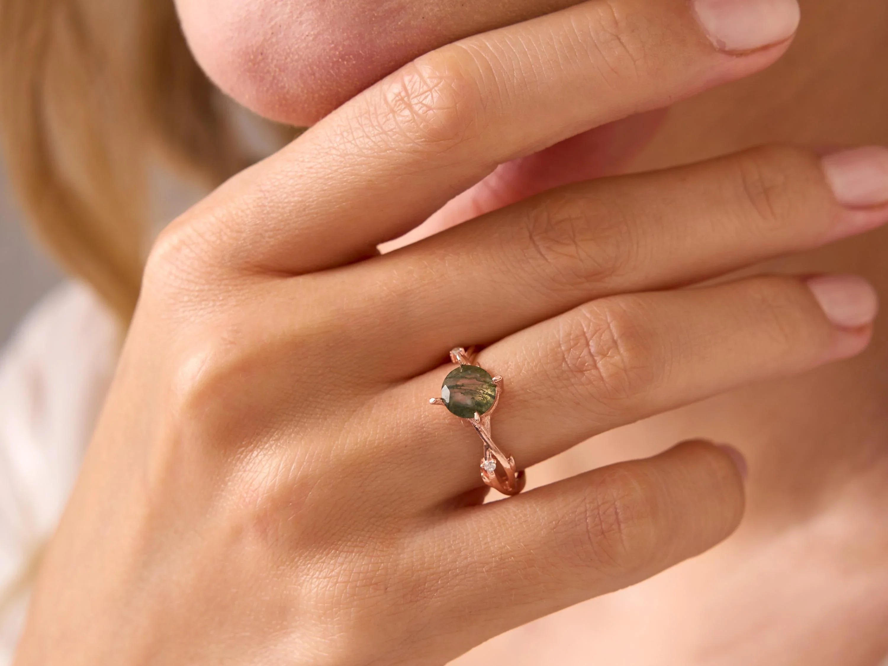 Moss Agate Diamond Ring, Branch Engagement Ring