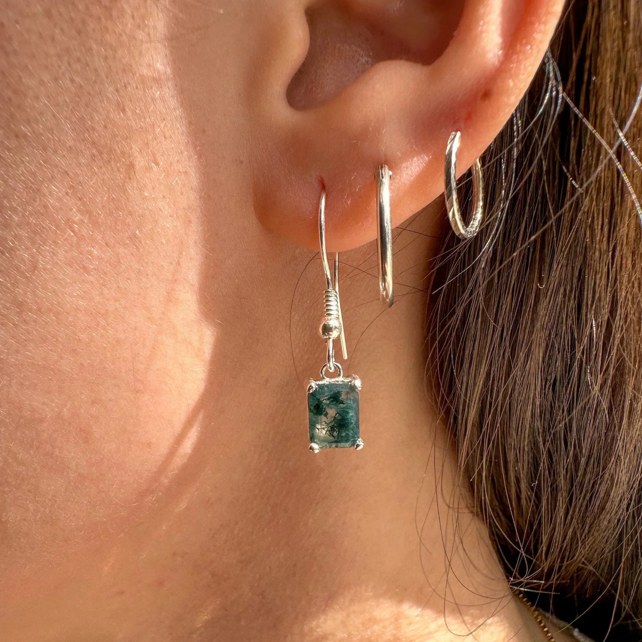 Emerald Cut Moss Agate Earrings, Sterling Silver Green Moss Agate