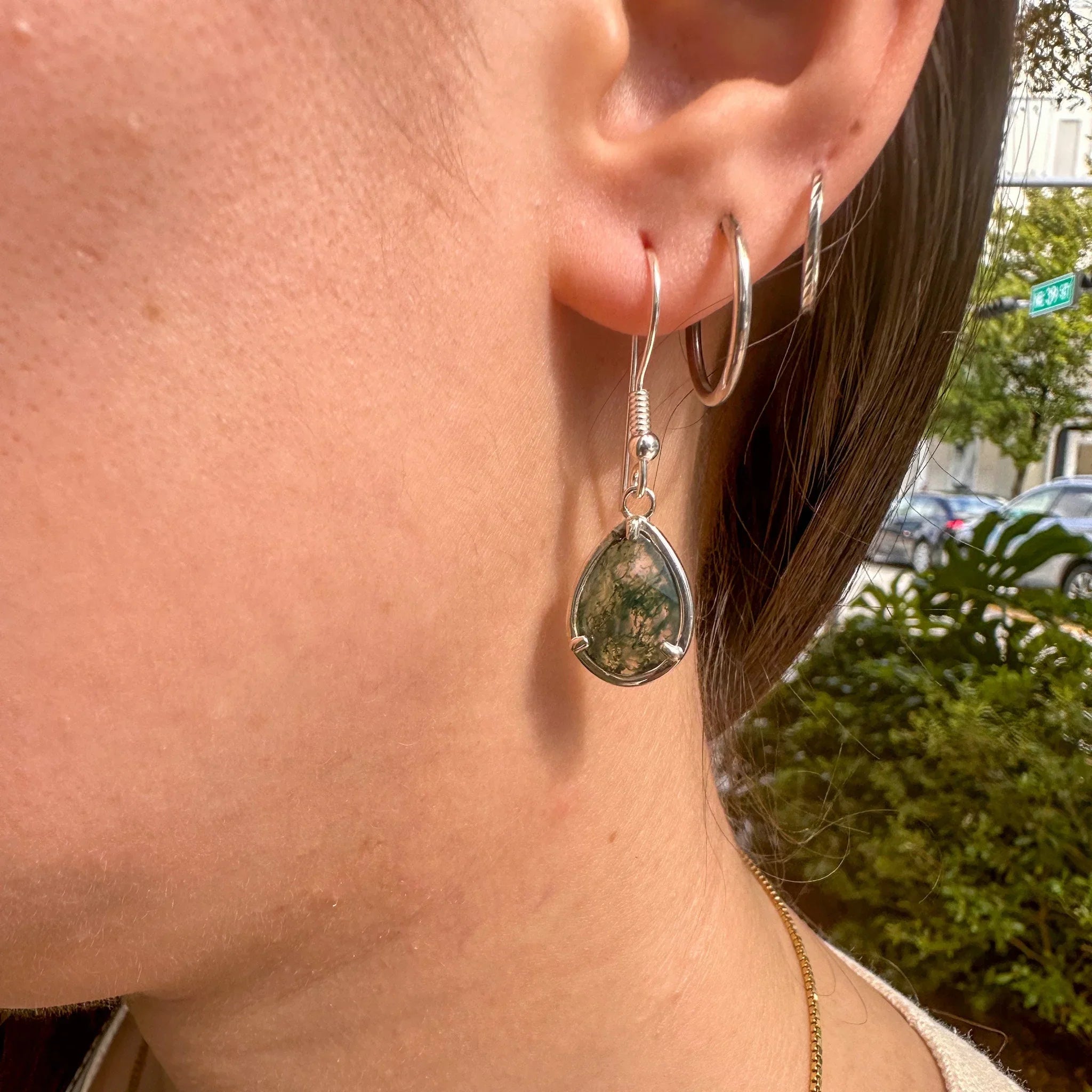 Green Moss Agate Earrings, Pear Moss Agate Jewelry