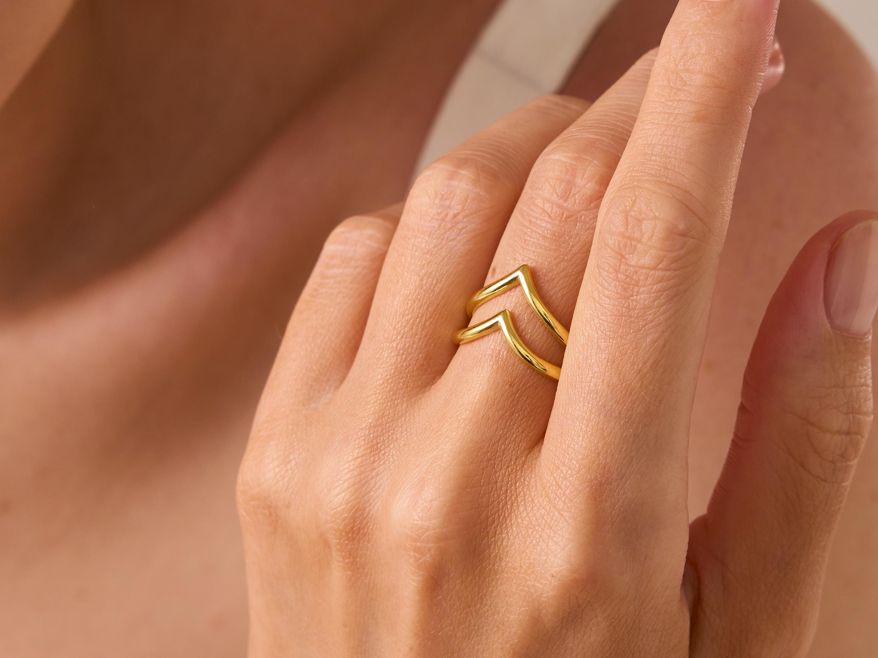 Double Chevron Sterling Silver Ring: Gold Minimalist Stacking Band