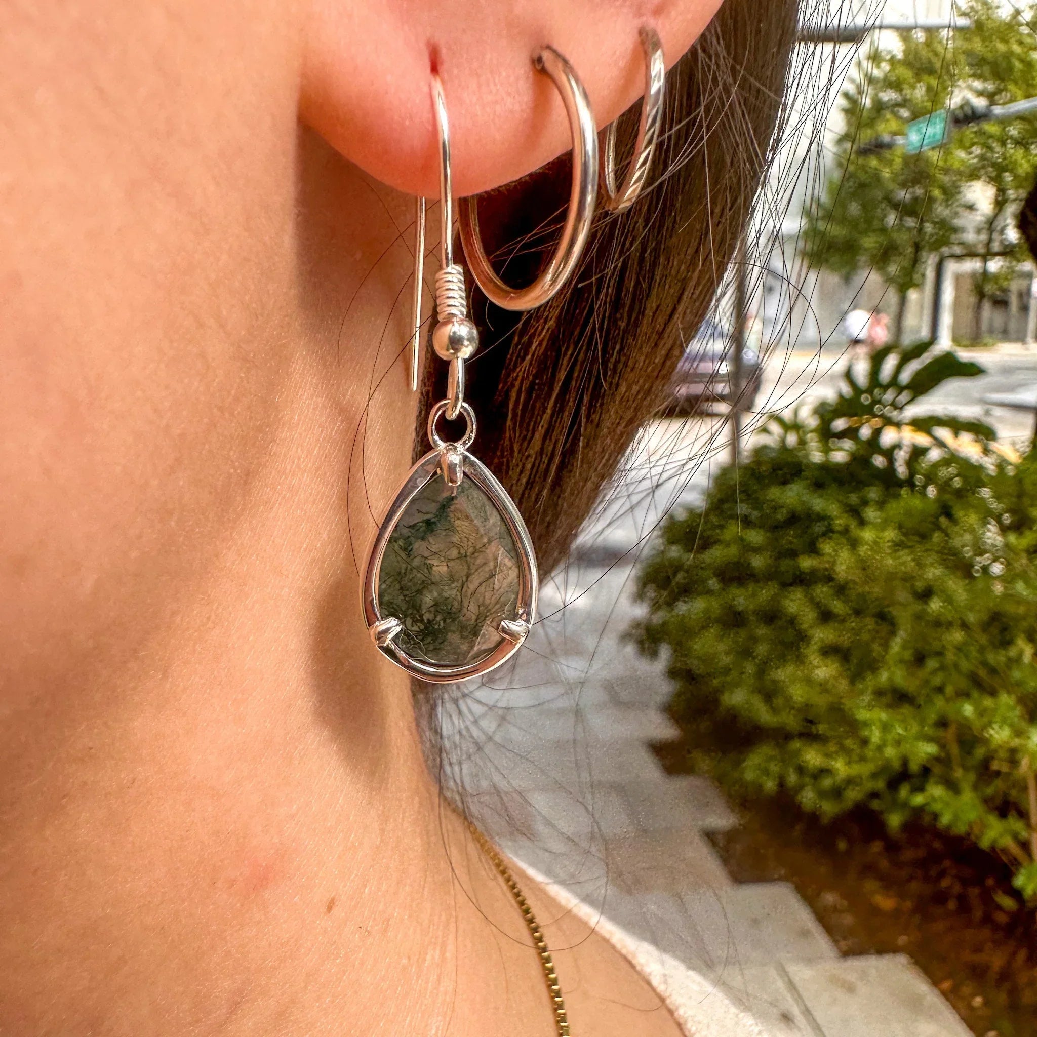 Green Moss Agate Earrings, Pear Moss Agate Jewelry