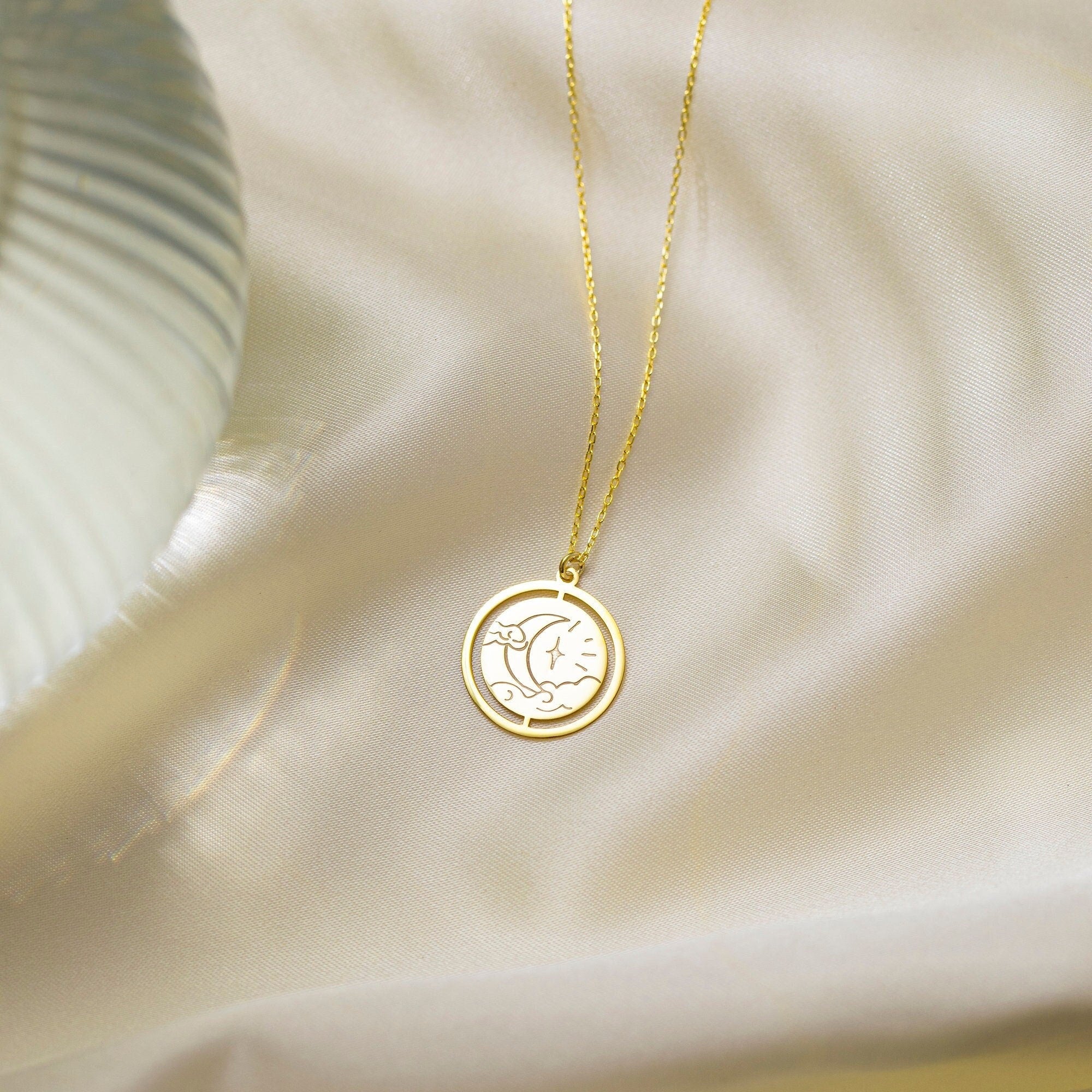 Sun and Moon Necklace, Gold Moon Star Pendant