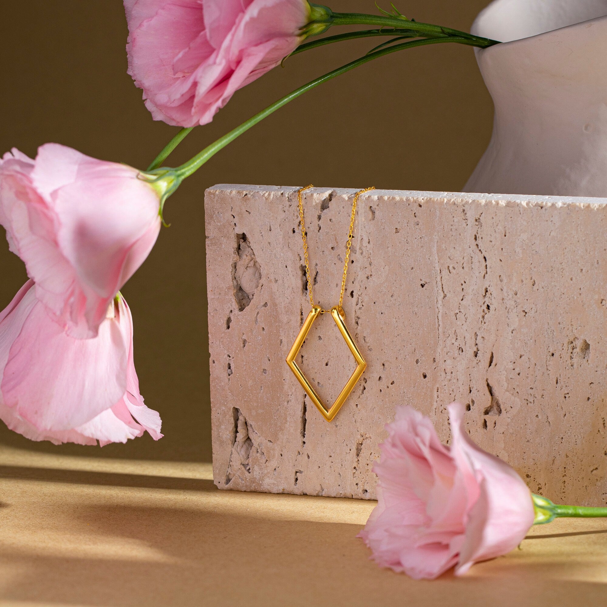 14K Solid Gold Ring Holder Necklace Geometric, Wedding Ring Keeper Pendant Jewelry