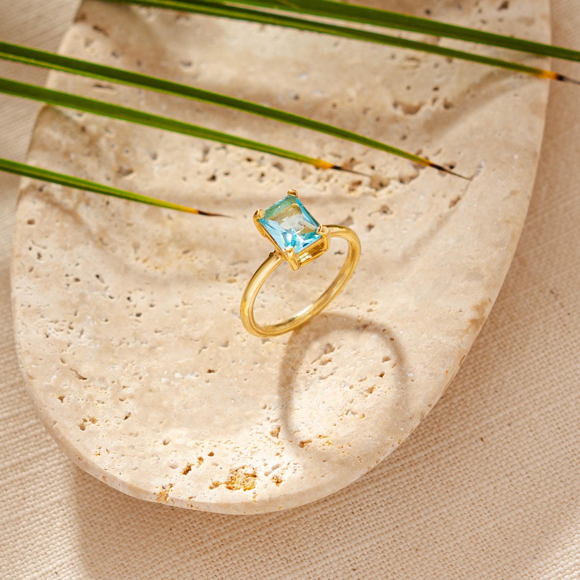 Emerald Cut Aquamarine Ring: 14K Gold Minimalist Birthstone Ring