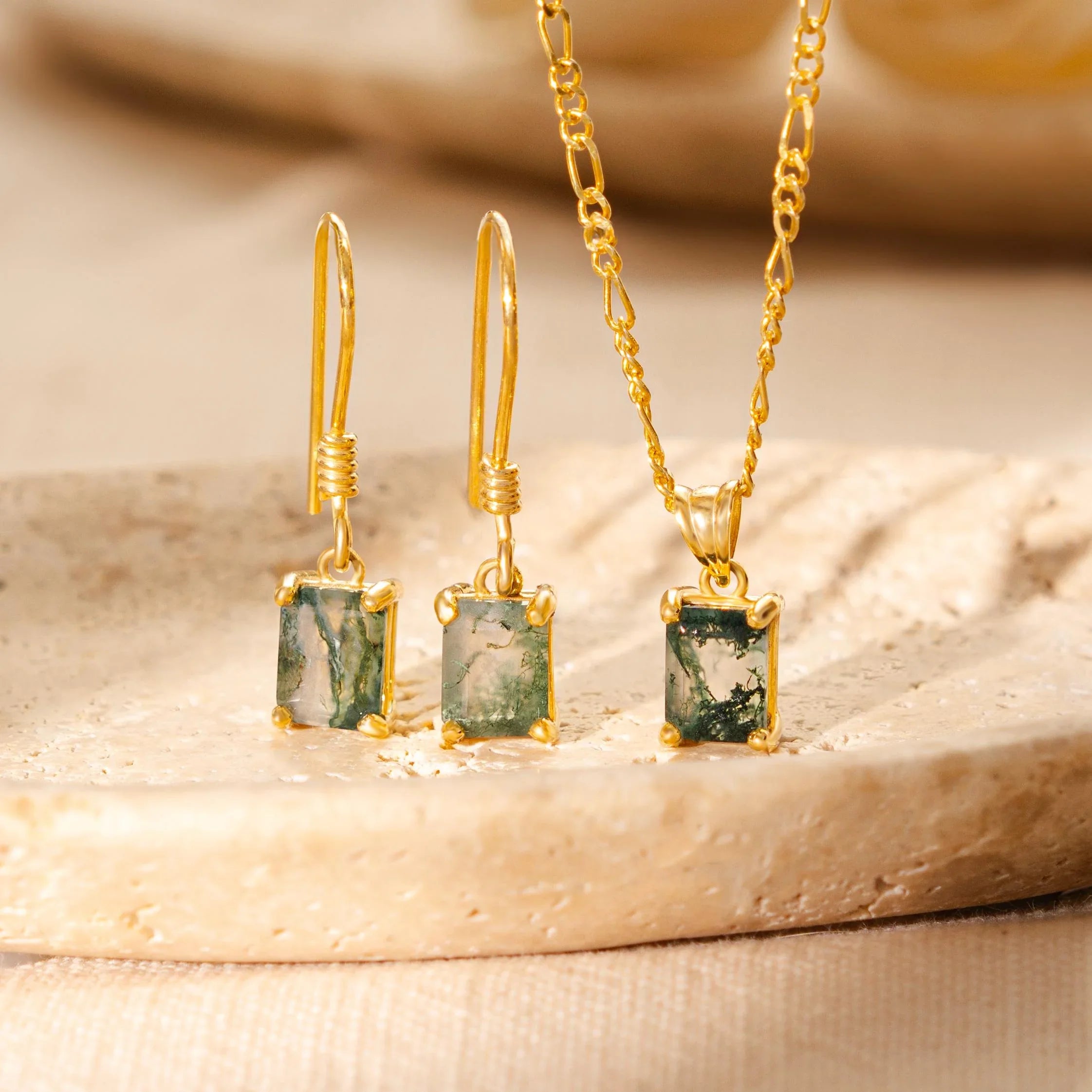 Emerald Cut Moss Agate Earrings, Sterling Silver Green Moss Agate