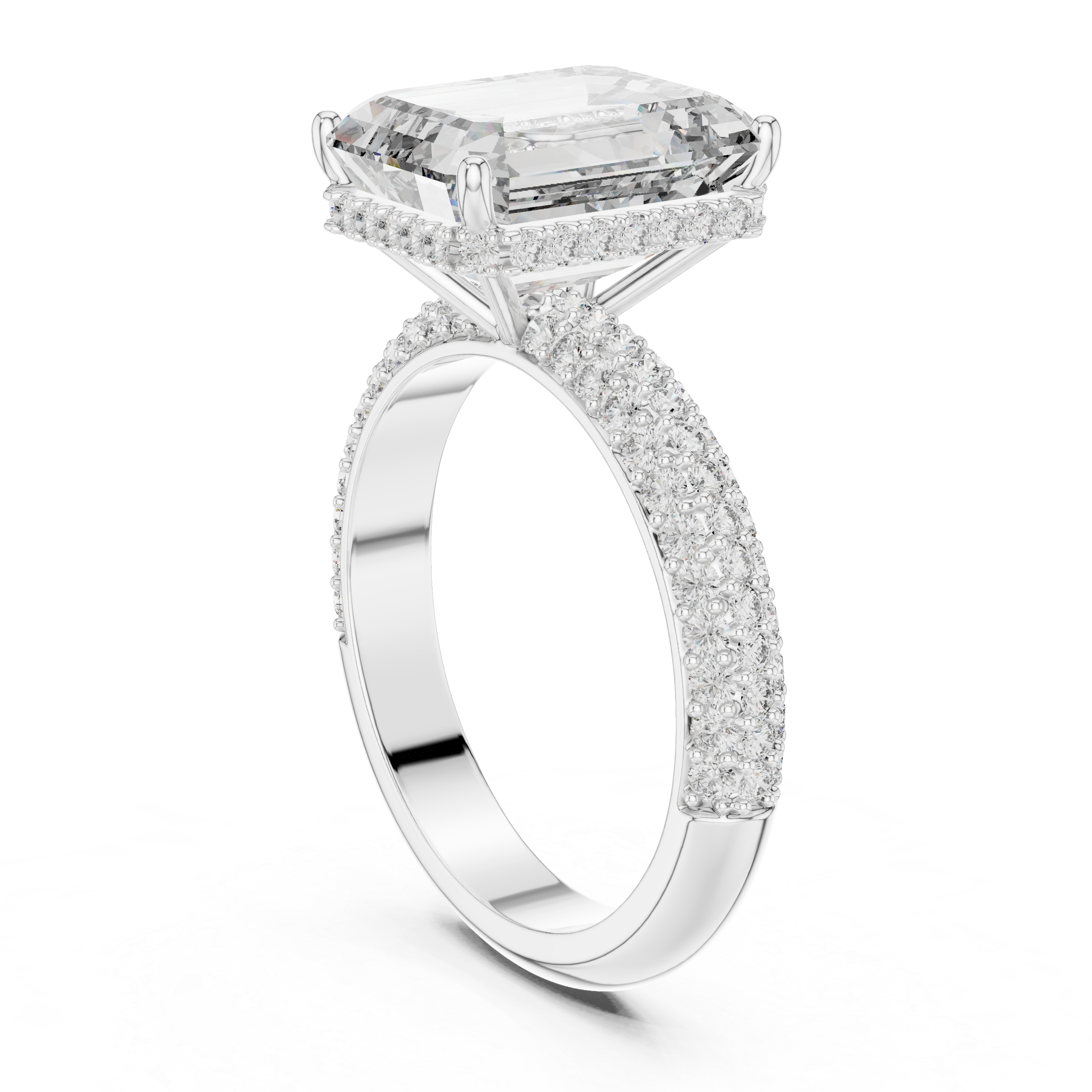 The Chambord Ring - Emerald Cut Solitaire with Triple Row Diamond Band