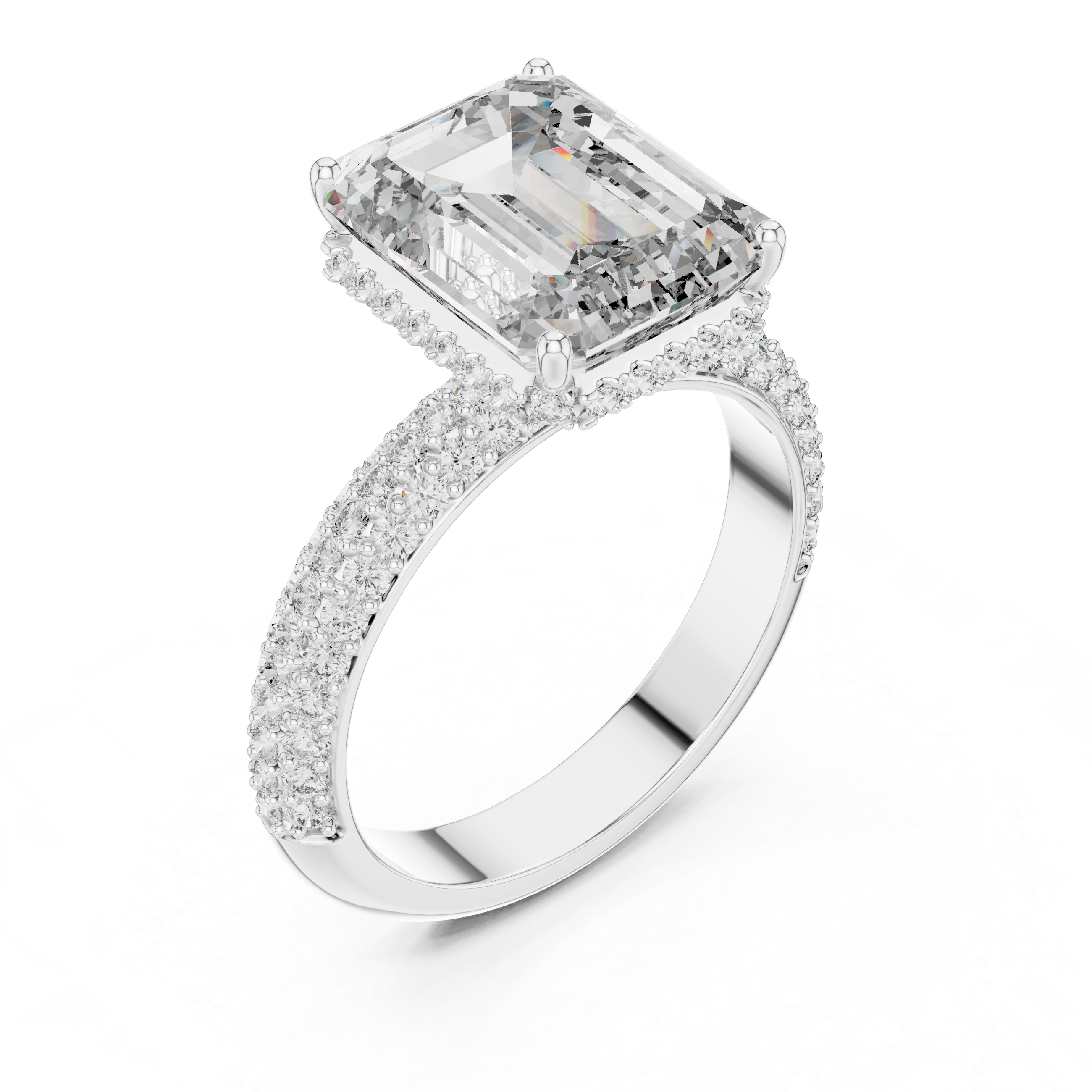 The Chambord Ring - Emerald Cut Solitaire with Triple Row Diamond Band