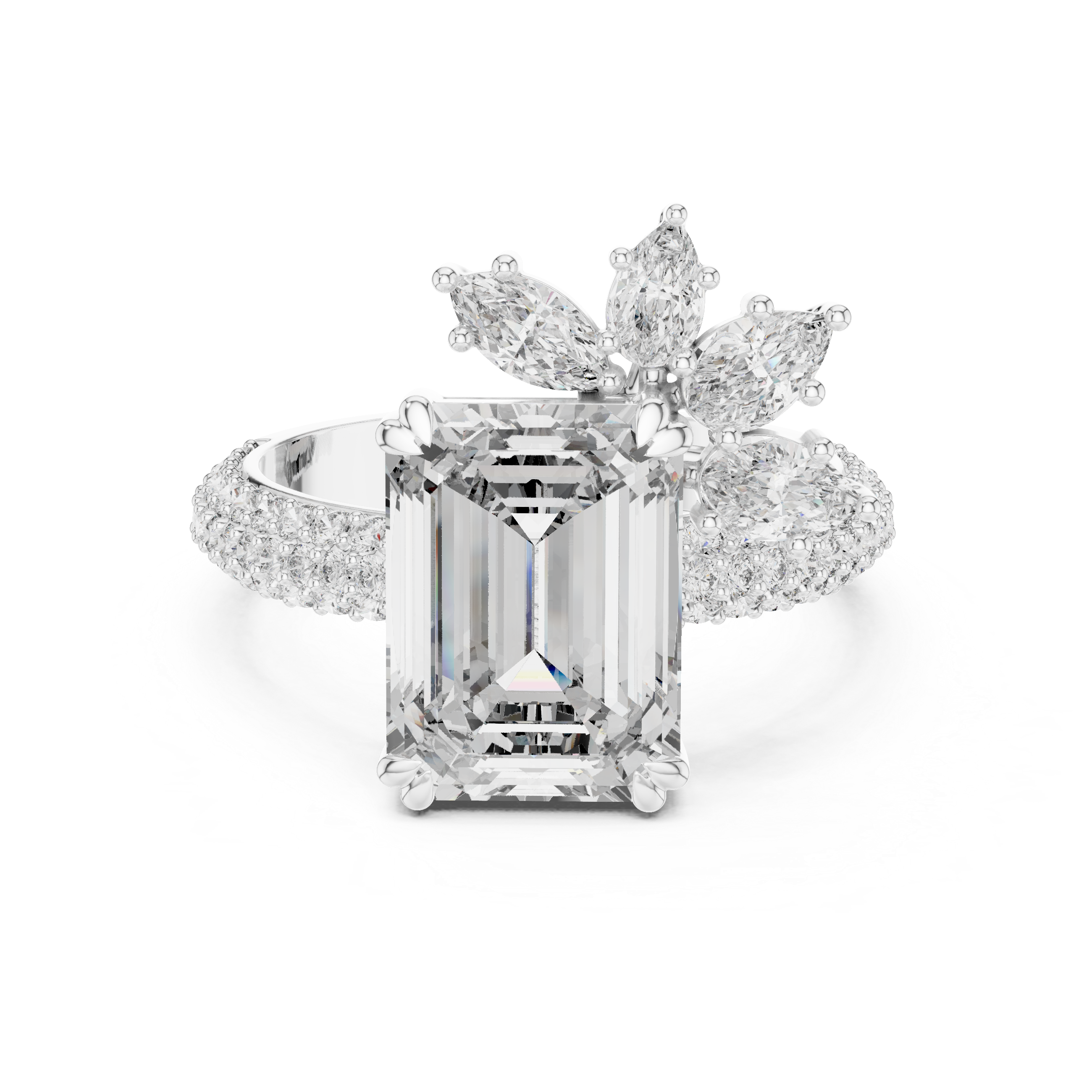 The Vaucresson Ring - Emerald Cut Solitaire with Asymmetrical Cluster Band