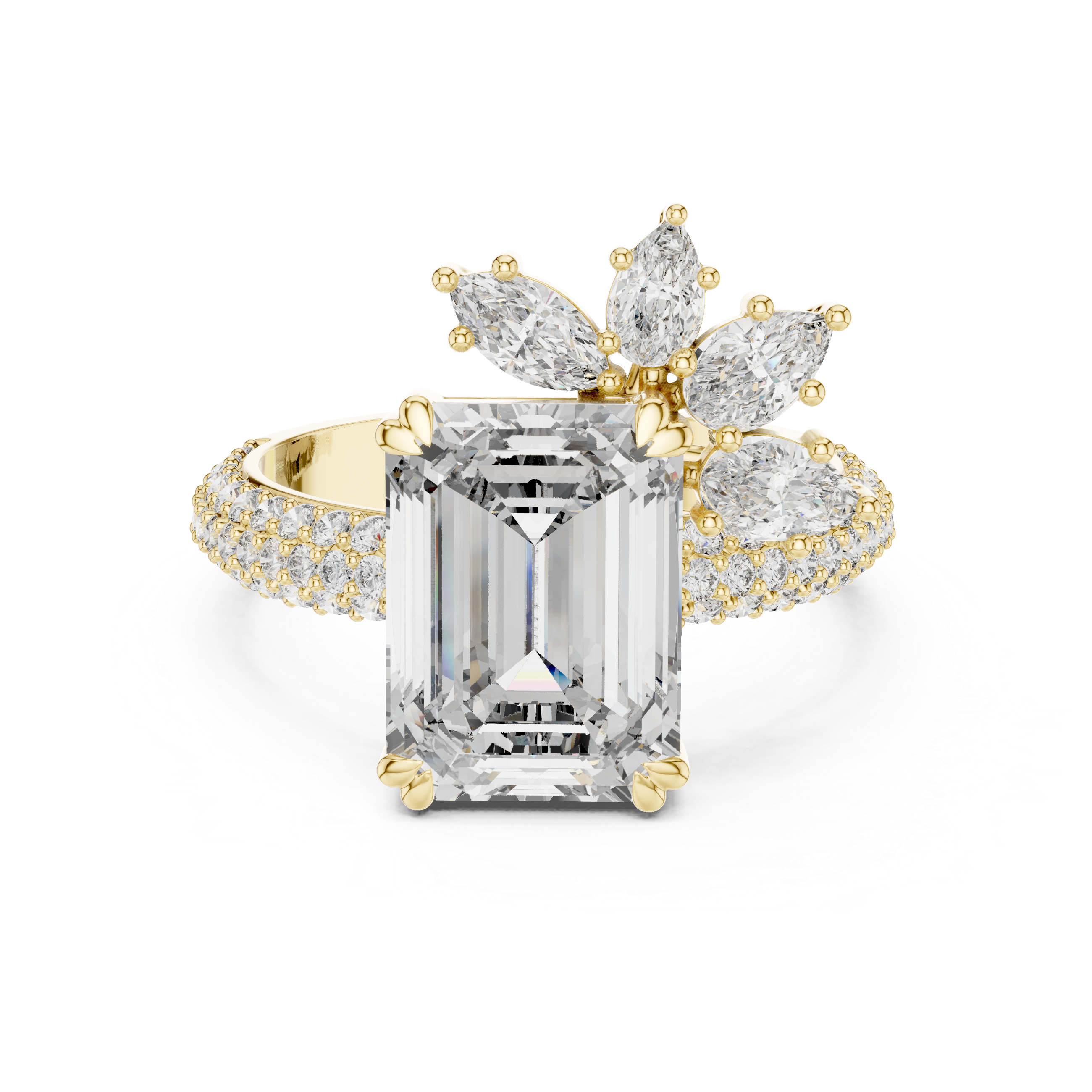The Vaucresson Ring - Emerald Cut Solitaire with Asymmetrical Cluster Band