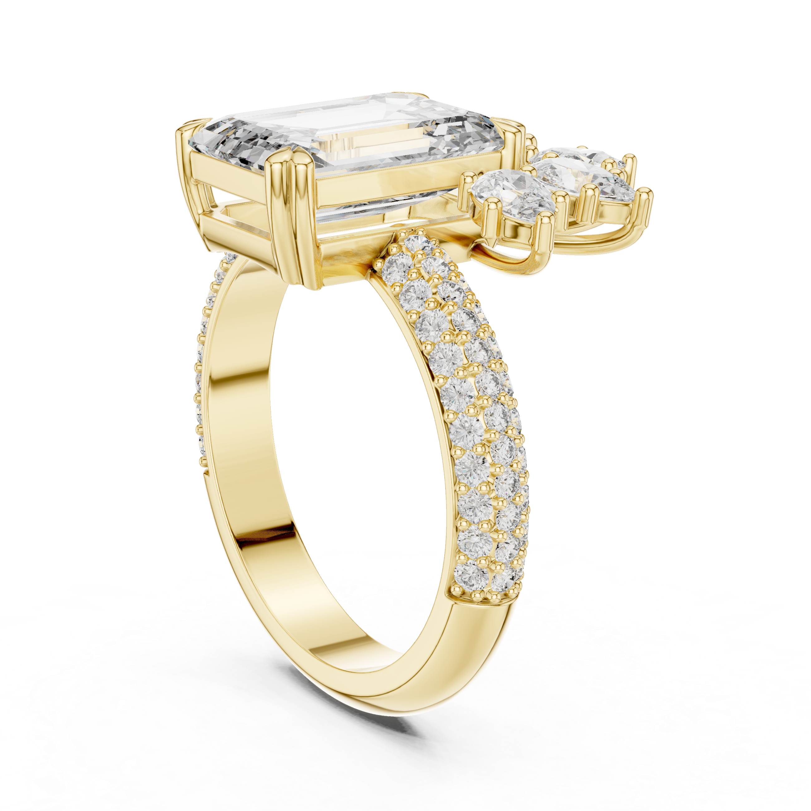 The Vaucresson Ring - Emerald Cut Solitaire with Asymmetrical Cluster Band