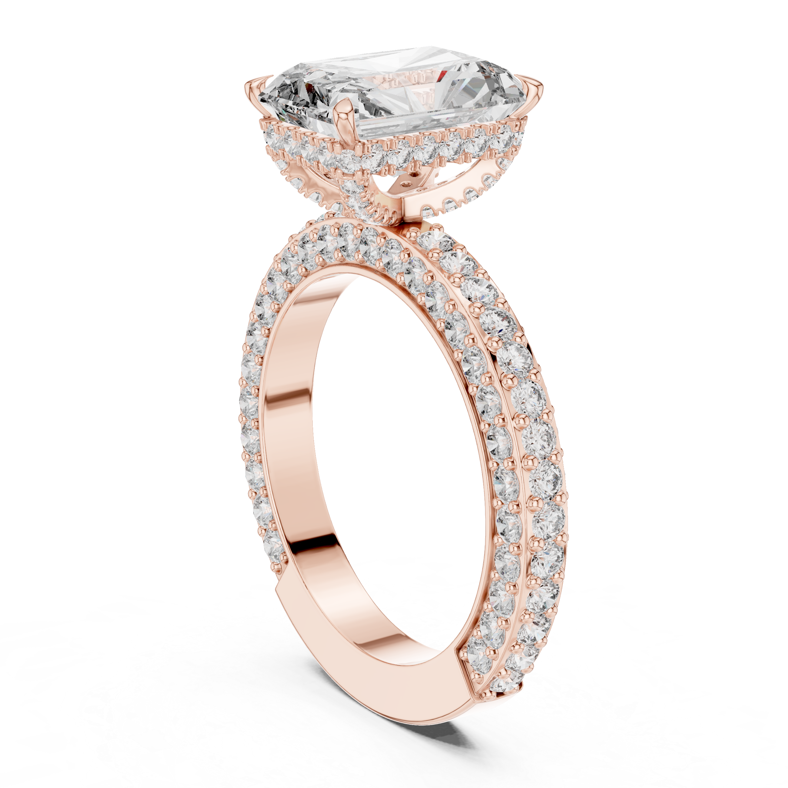 The Cobham Ring - Radiant Cut Solitaire with Diamond Encrusted Band & Hidden Halo