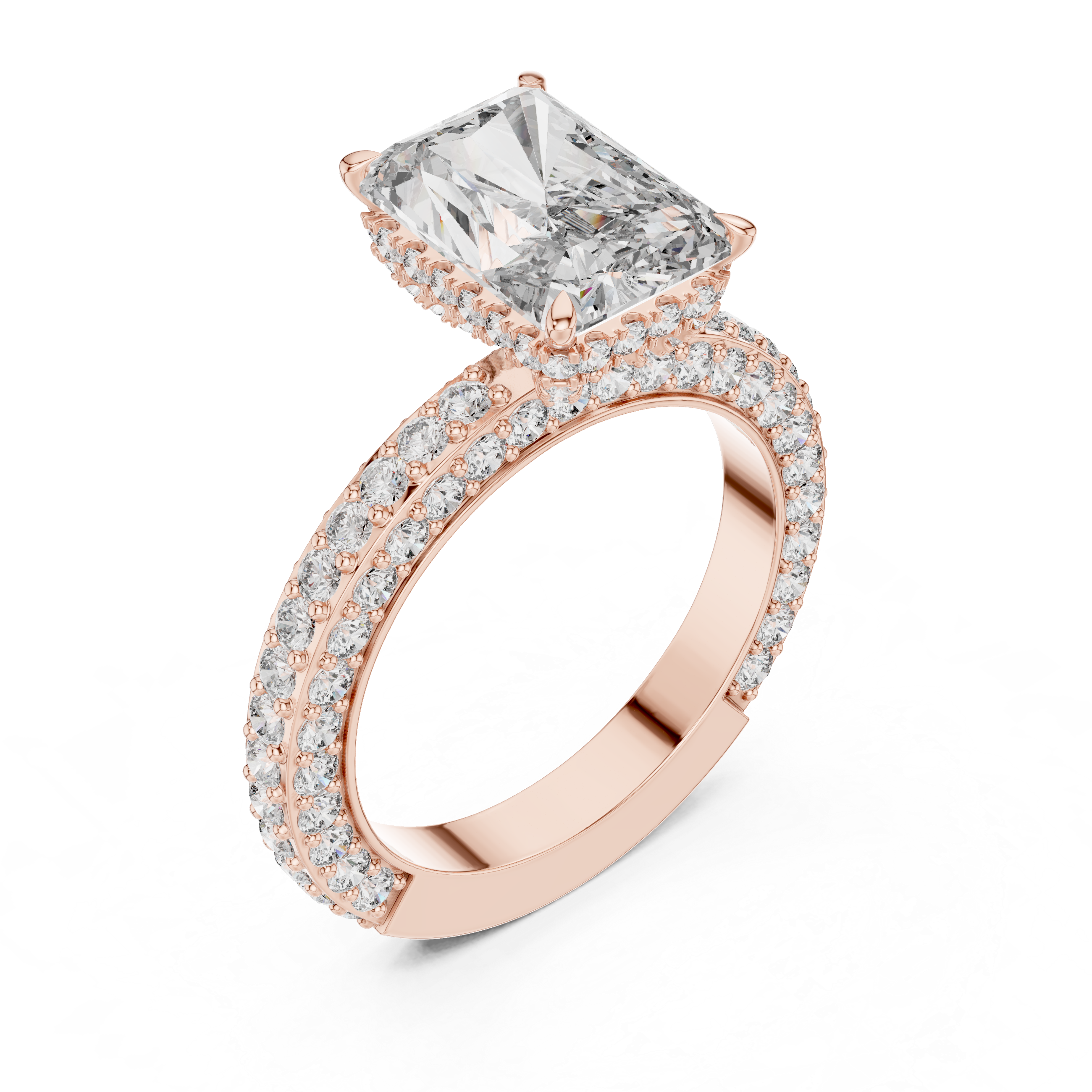 The Cobham Ring - Radiant Cut Solitaire with Diamond Encrusted Band & Hidden Halo