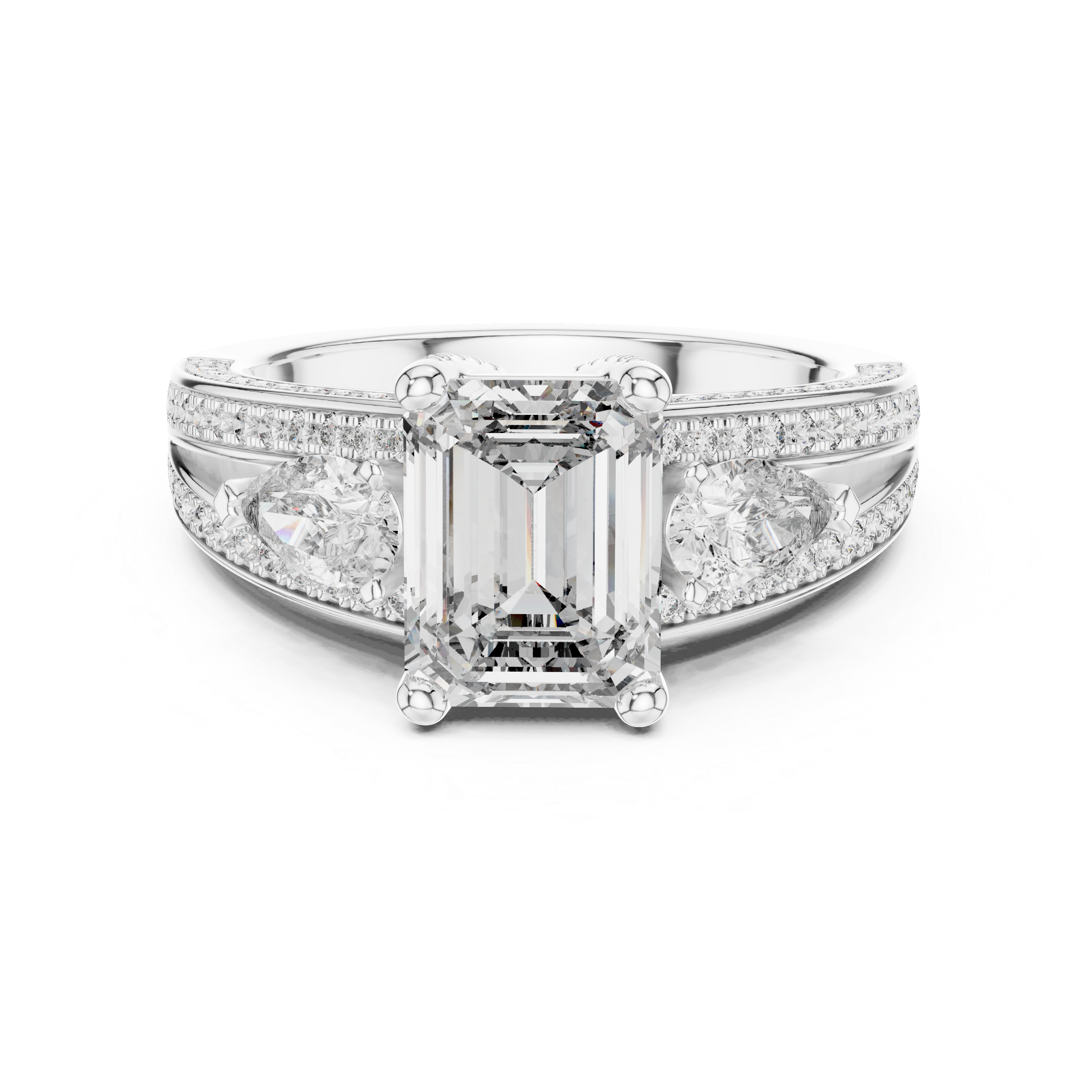 The Riga Ring - Emerald & Pear Cut Split Shank Pavé Engagement Ring