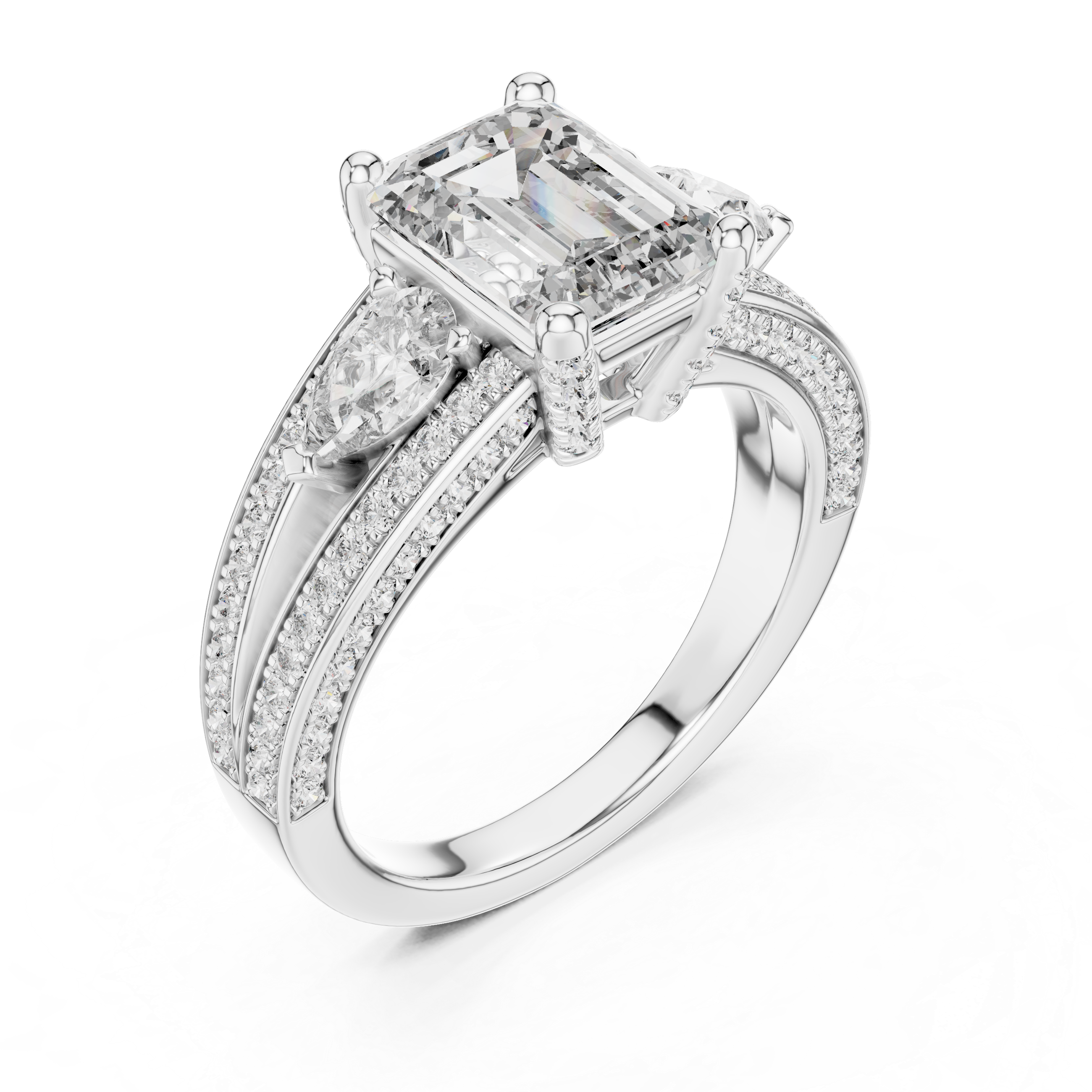 The Haarlem Ring - Emerald Cut with Pear Accents and Pavé Split Shank