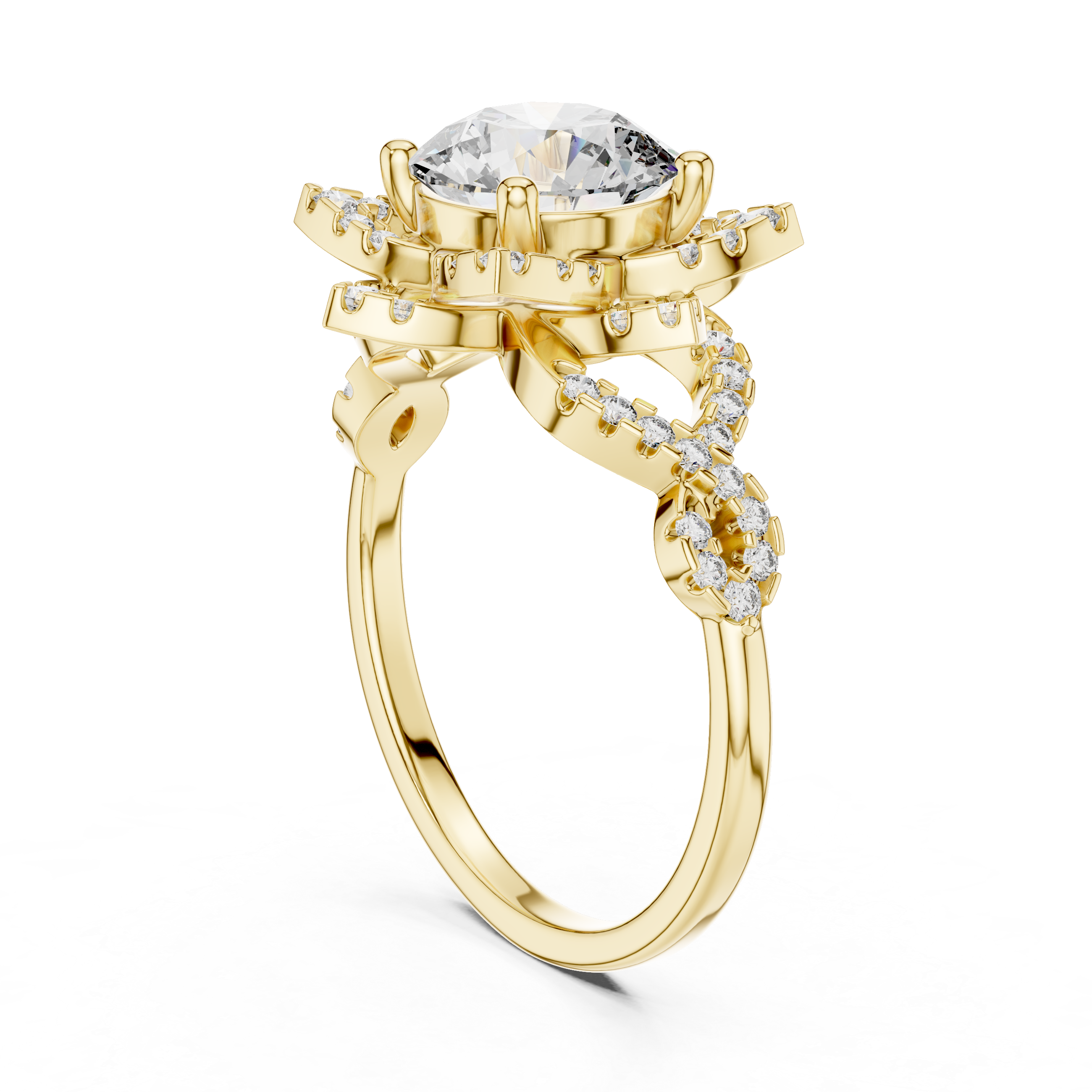 Muur Atelier Solid Gold Round Cut Vintage Starburst Halo Diamond Engagement Ring