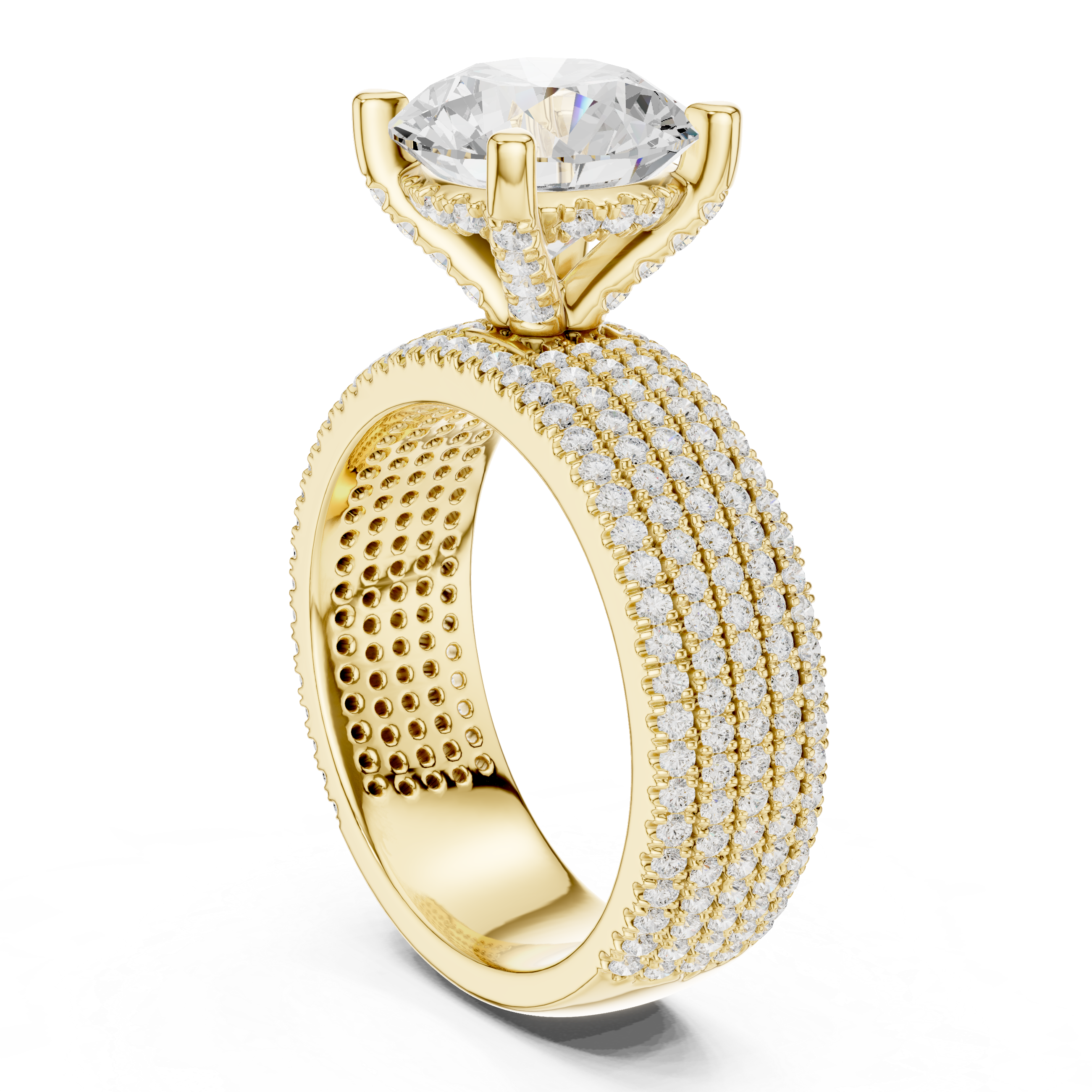 Gold ring with a large diamond and smaller diamonds on a white background