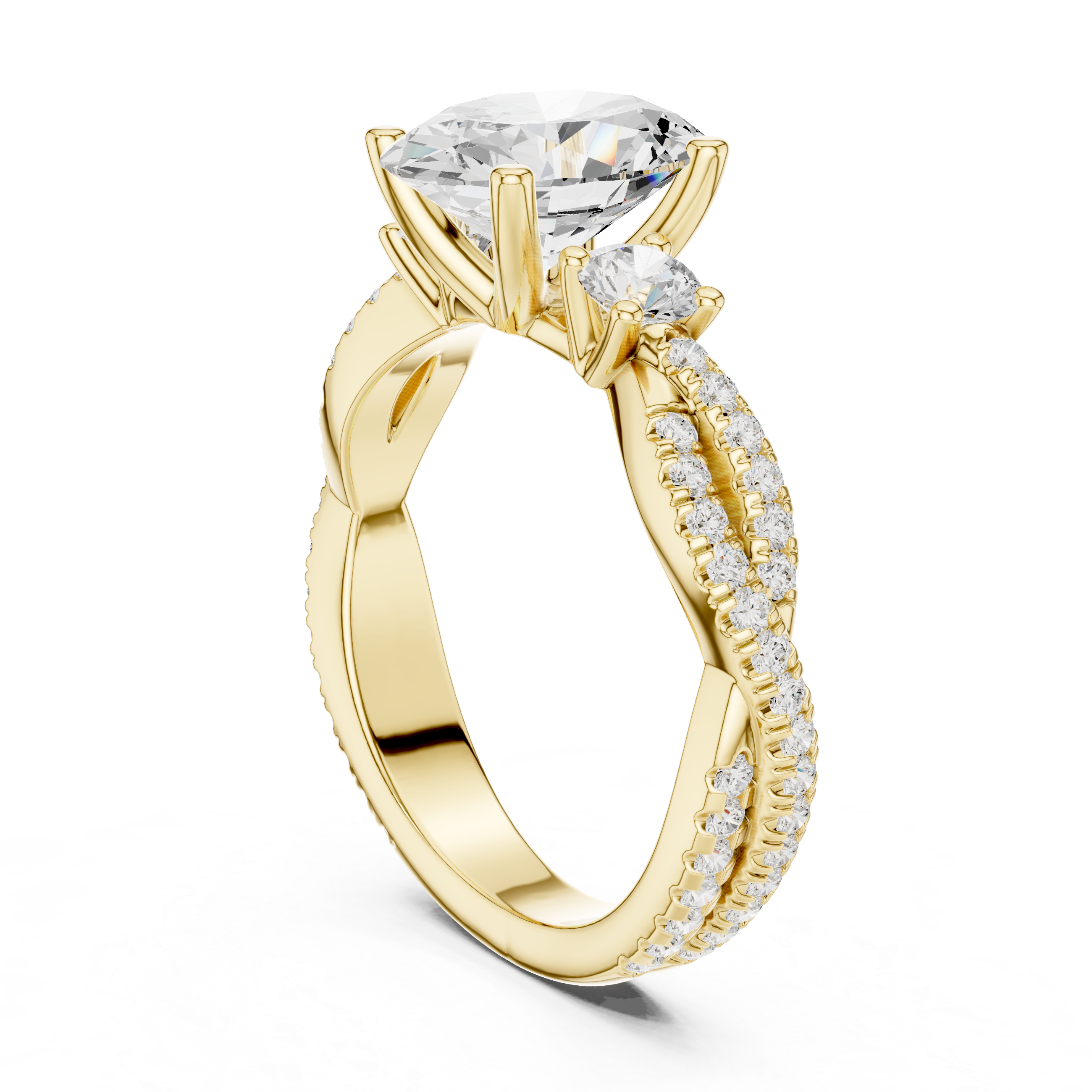 Gold ring with a large diamond and smaller diamonds on the band against a white background