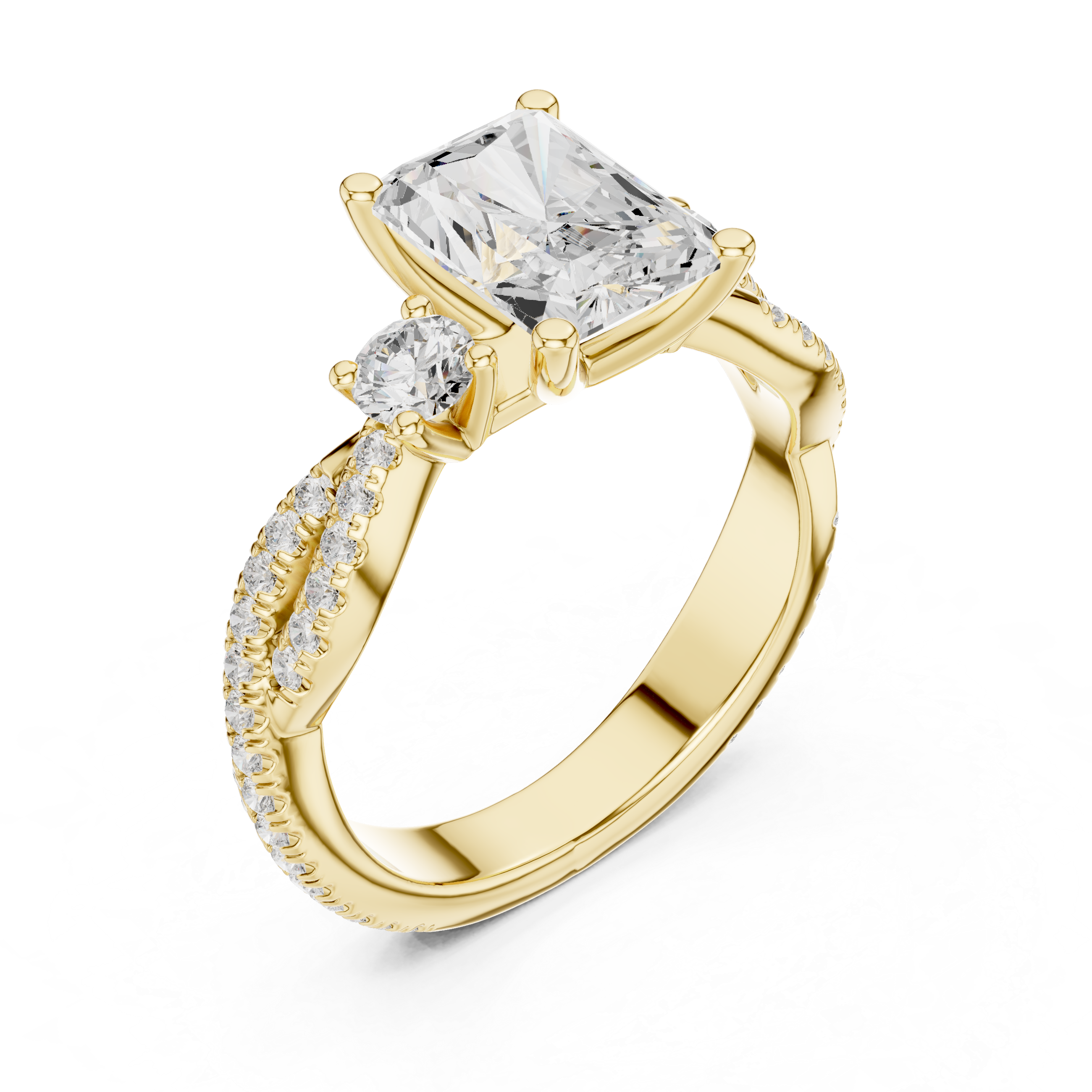 Gold ring with a large diamond and smaller diamonds on a white background
