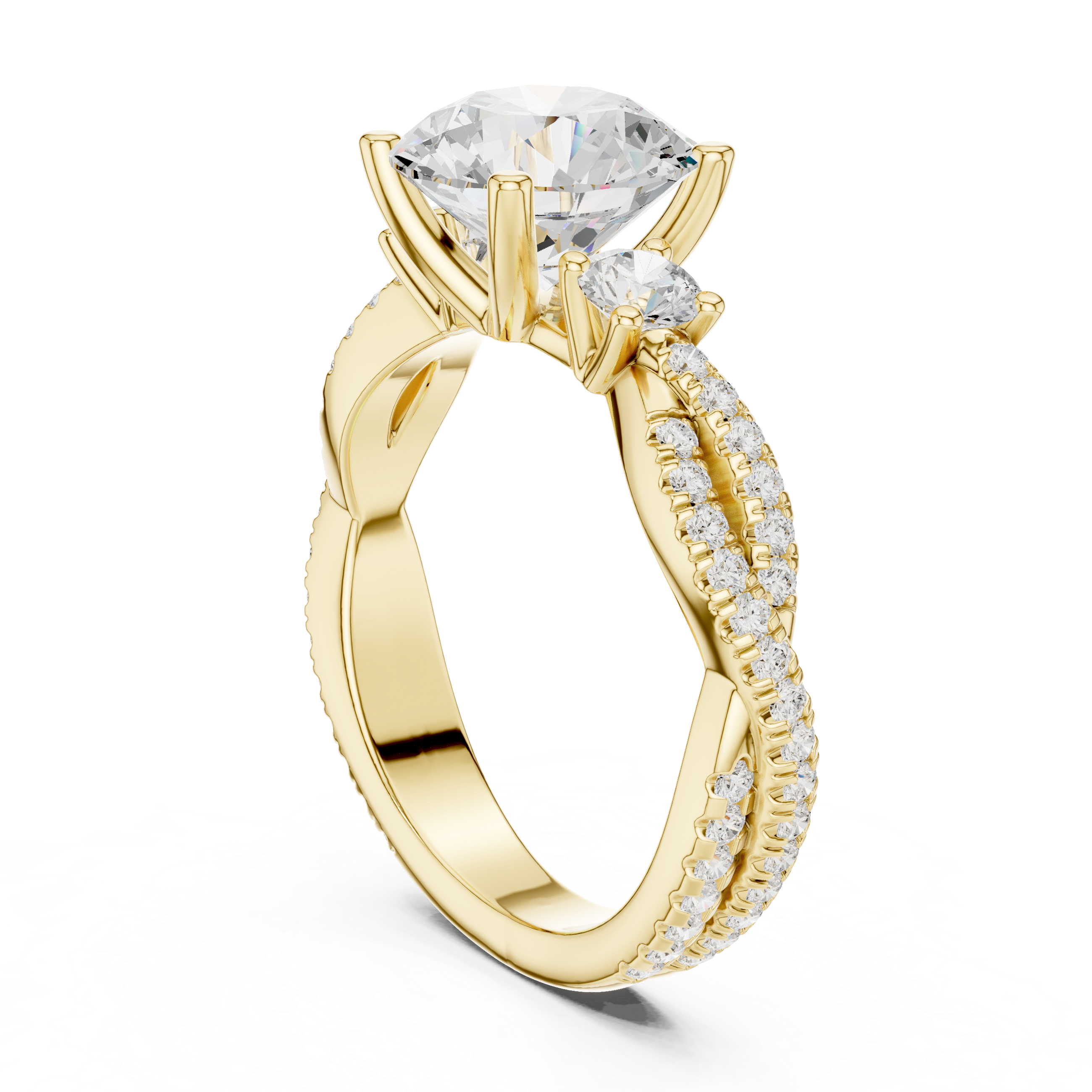 Gold ring with a large diamond and smaller diamonds on the band against a white background