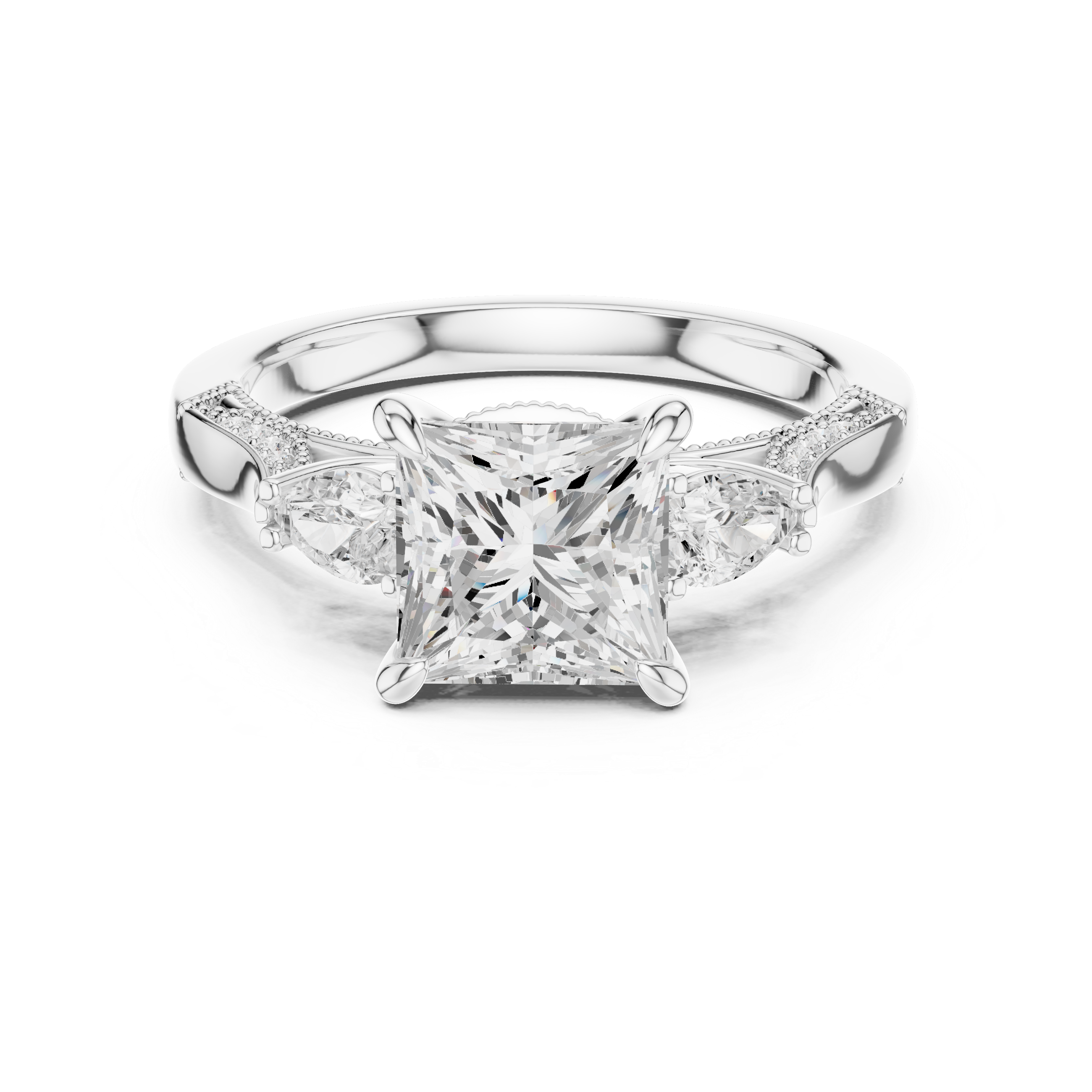 Diamond ring with a princess-cut center stone on a white background