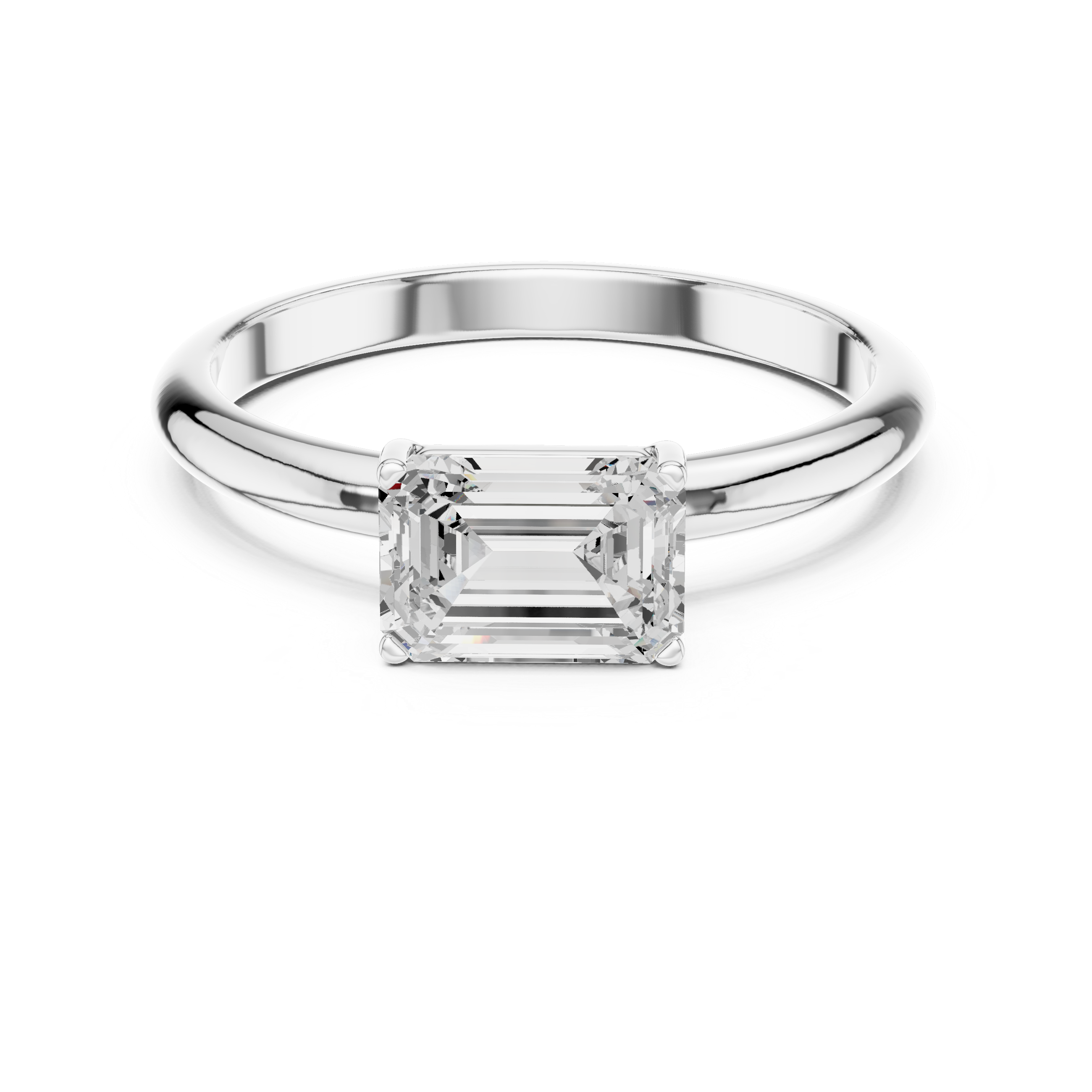 Silver ring with a square-cut diamond on a white background