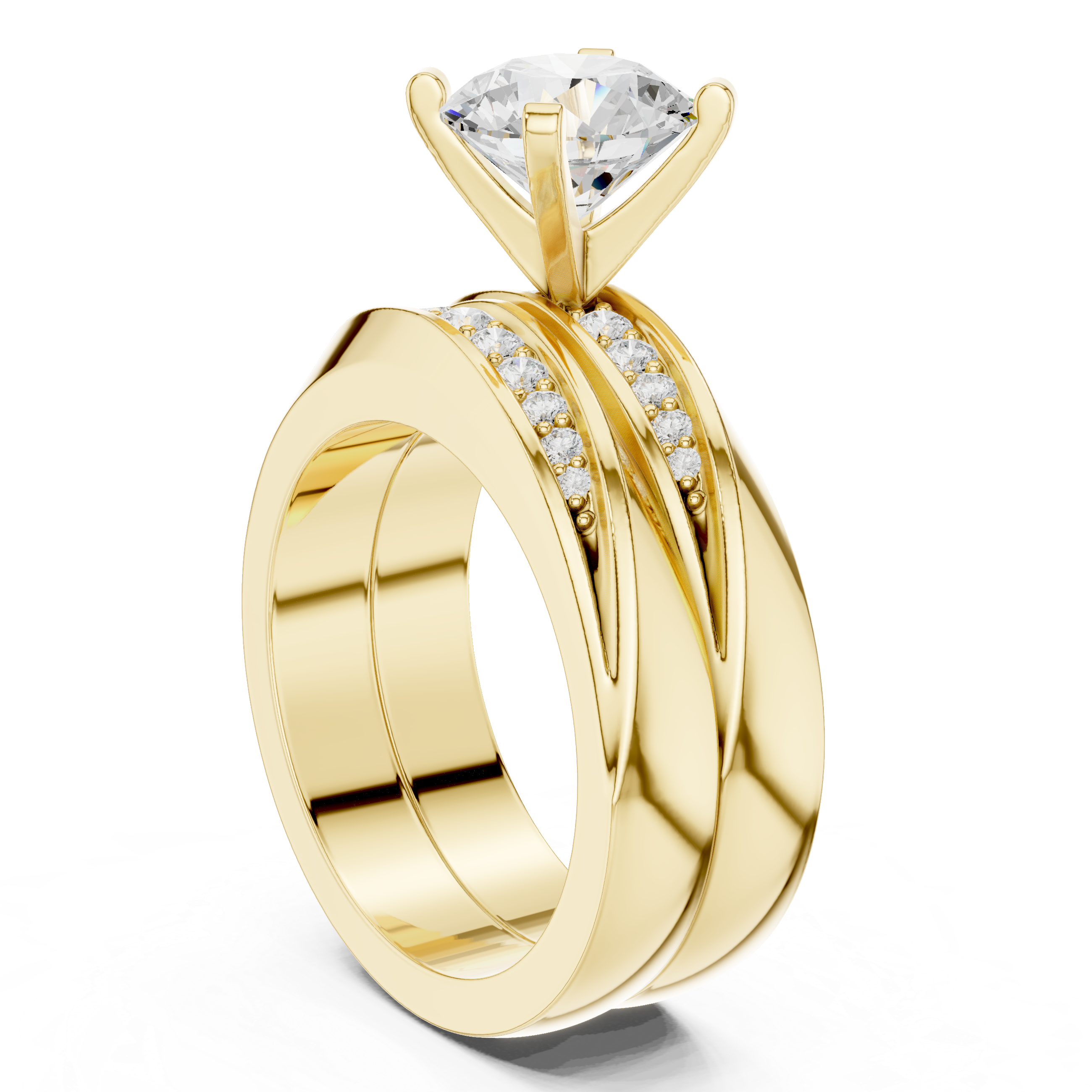 Muur Atelier Solid Gold Round Brilliant Split Shank Diamond Engagement Ring & Matching Pave Band