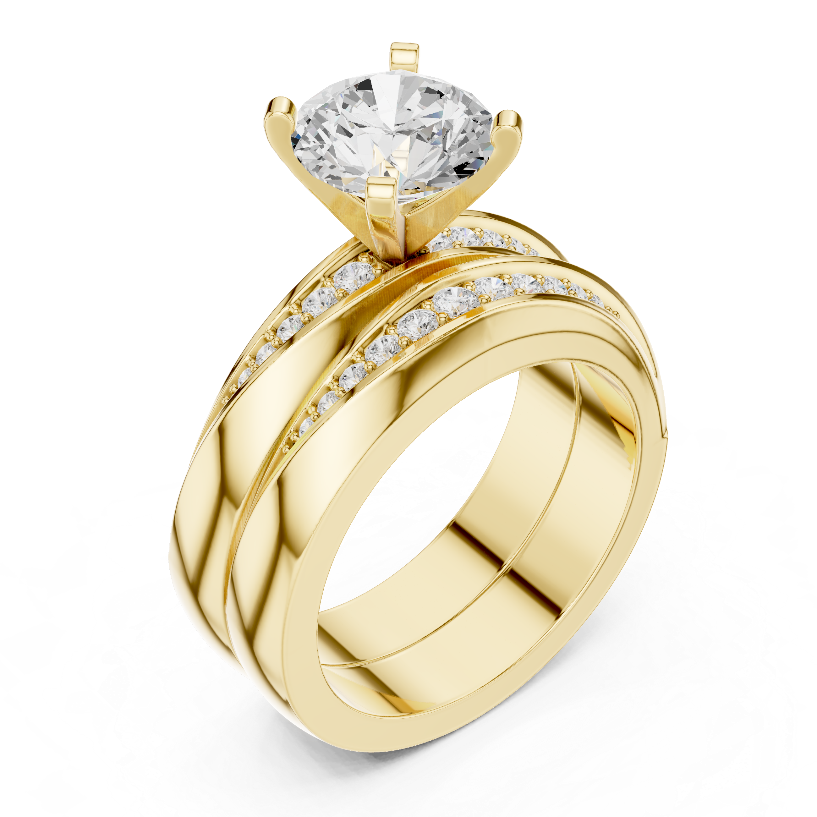 Muur Atelier Solid Gold Round Brilliant Split Shank Diamond Engagement Ring & Matching Pave Band