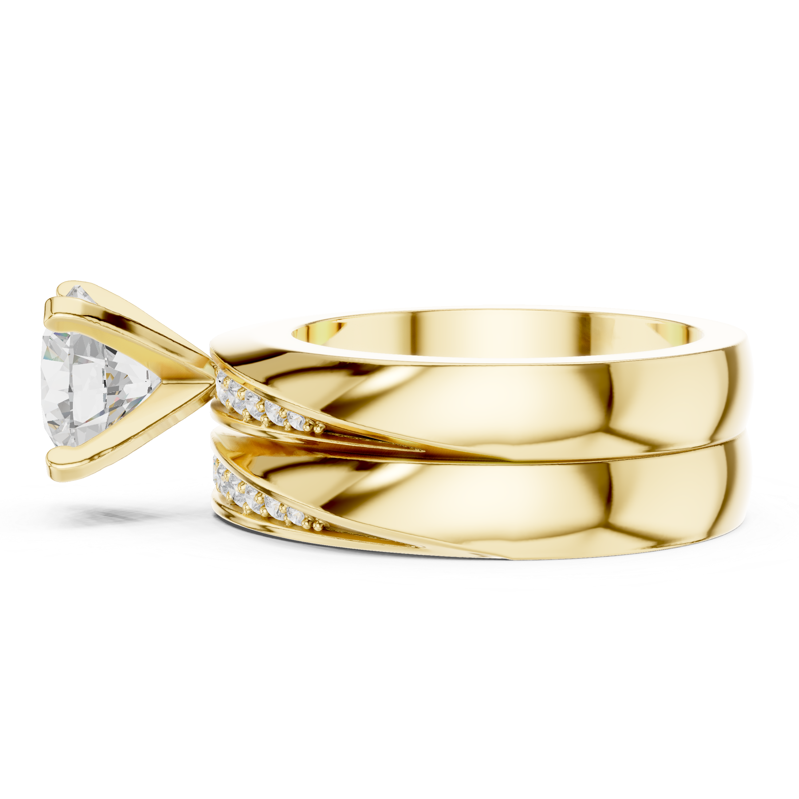 Muur Atelier Solid Gold Round Brilliant Split Shank Diamond Engagement Ring & Matching Pave Band