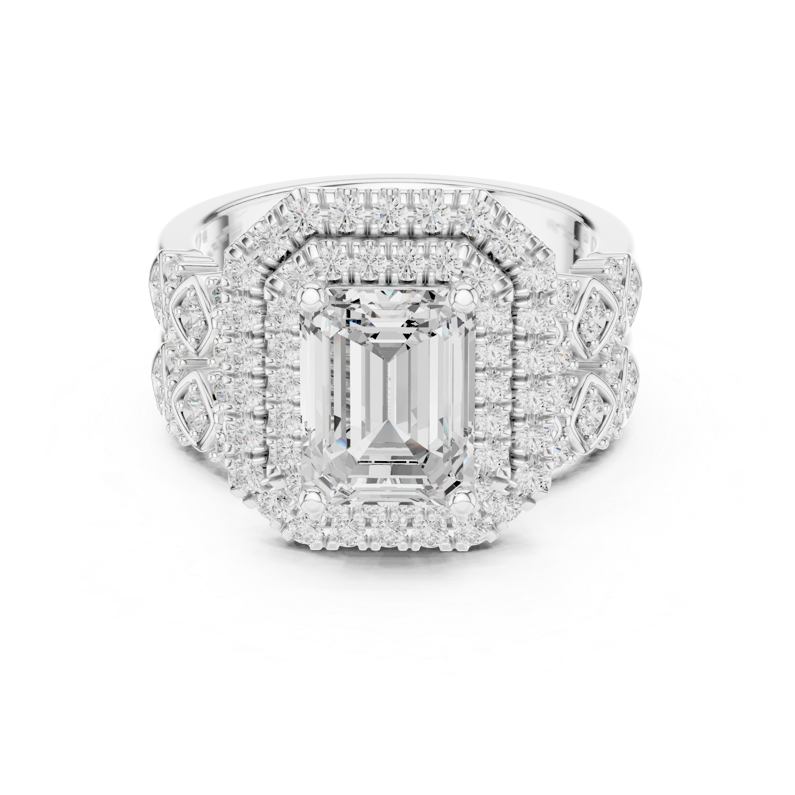 Muur Atelier Solid Gold Emerald Cut Halo Diamond Engagement Ring & Eternity Band