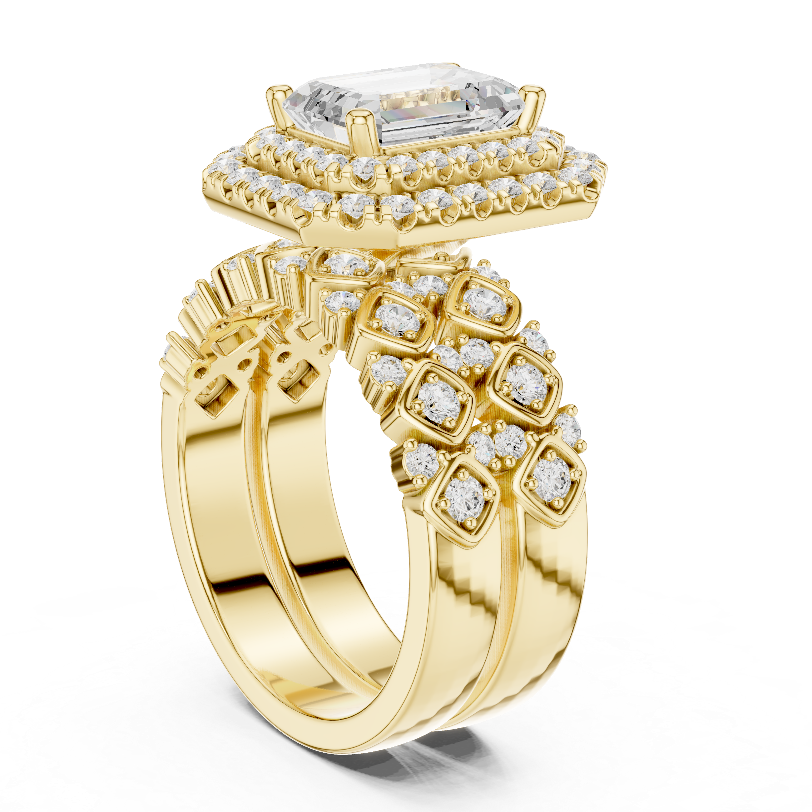 Muur Atelier Solid Gold Emerald Cut Halo Diamond Engagement Ring & Eternity Band