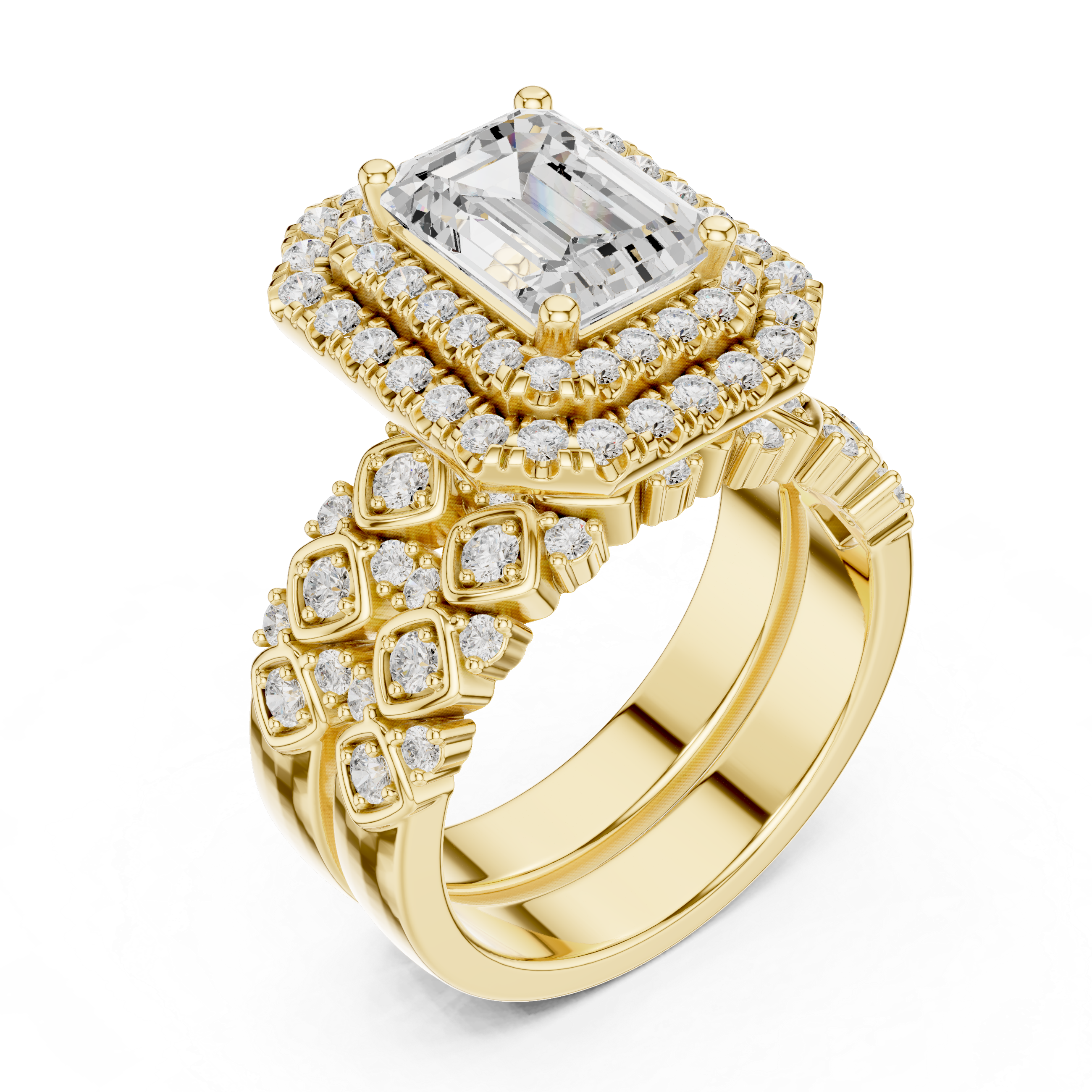 Muur Atelier Solid Gold Emerald Cut Halo Diamond Engagement Ring & Eternity Band