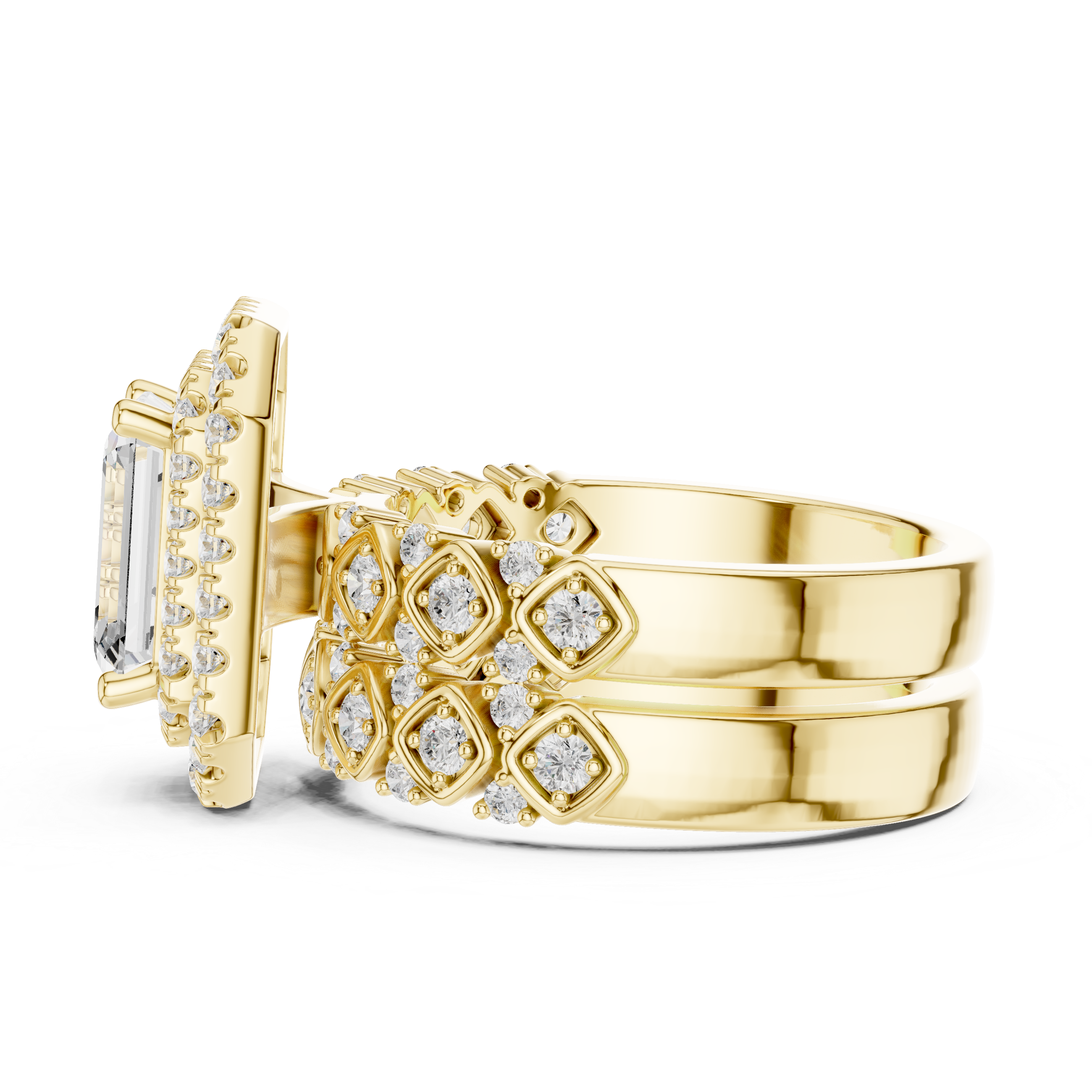 Muur Atelier Solid Gold Emerald Cut Halo Diamond Engagement Ring & Eternity Band