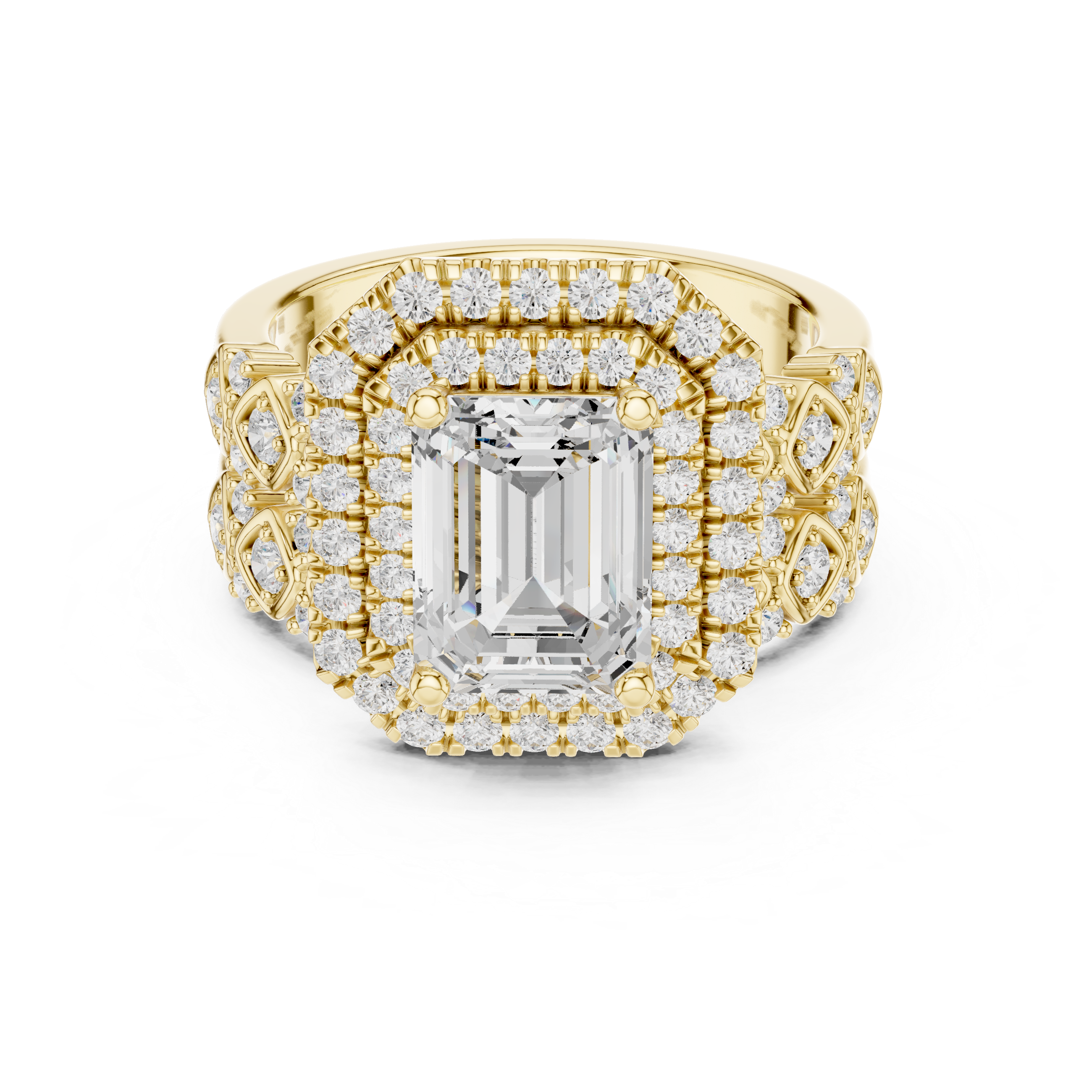 Muur Atelier Solid Gold Emerald Cut Halo Diamond Engagement Ring & Eternity Band