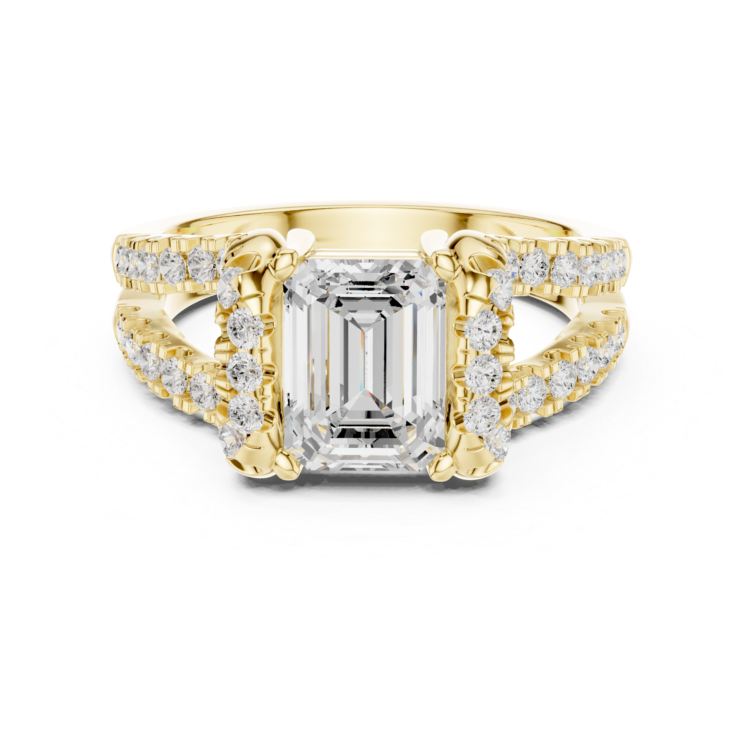 Gold ring with emerald-cut diamond and smaller diamonds