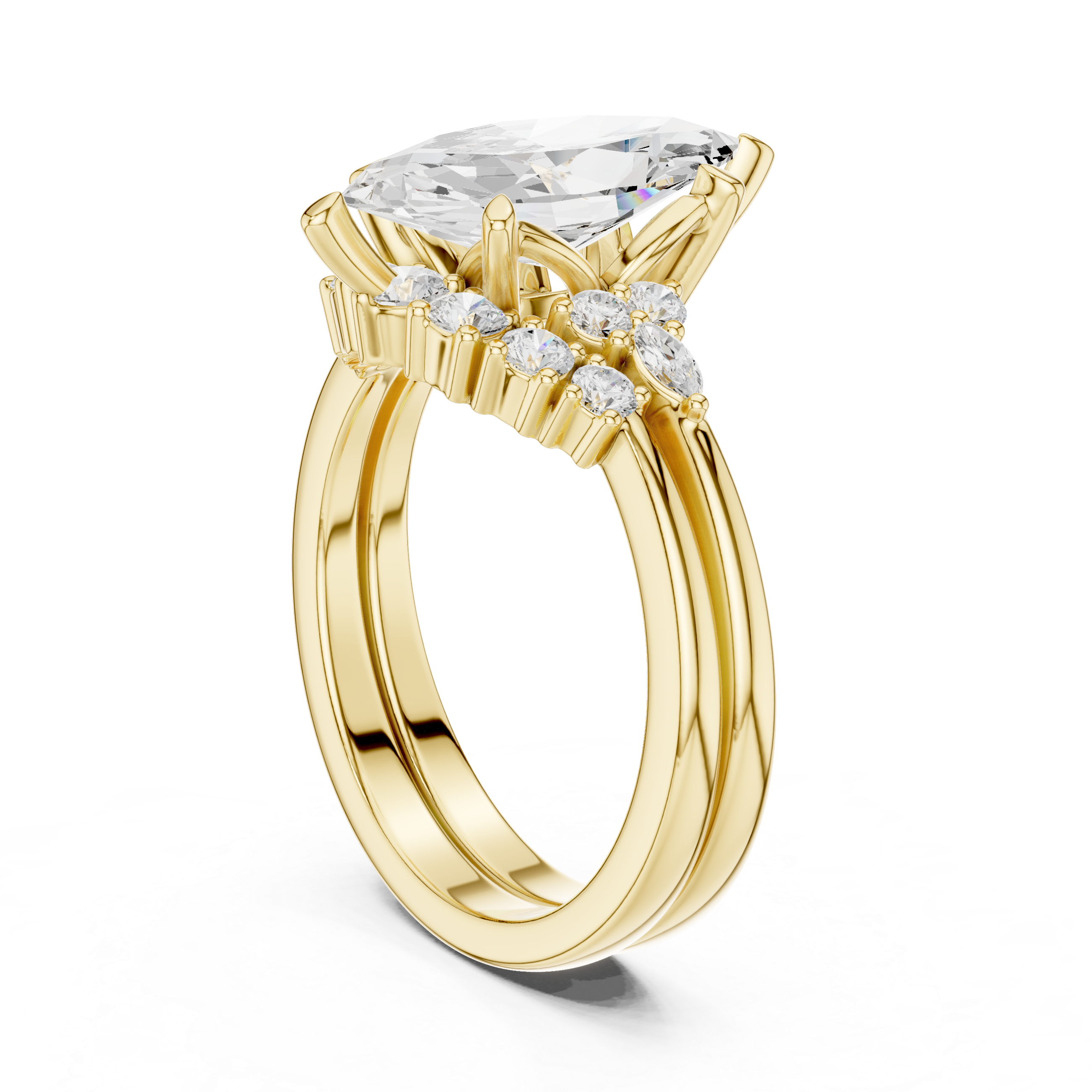 Gold ring with a large central diamond and smaller diamonds on the band against a white background