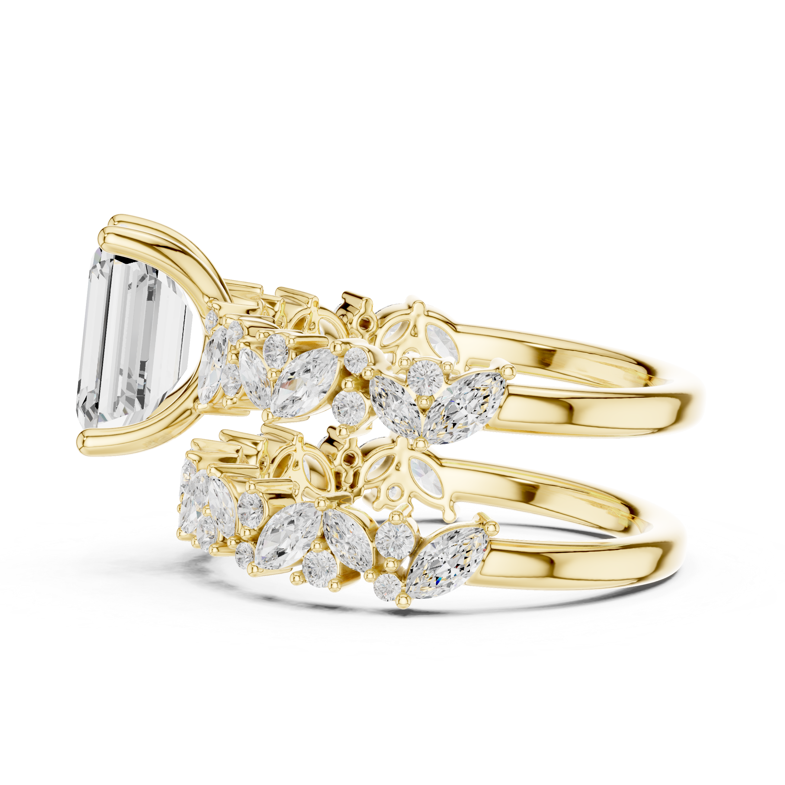 Solid gold Emerald Cut Laurel Wreath Engagement Ring