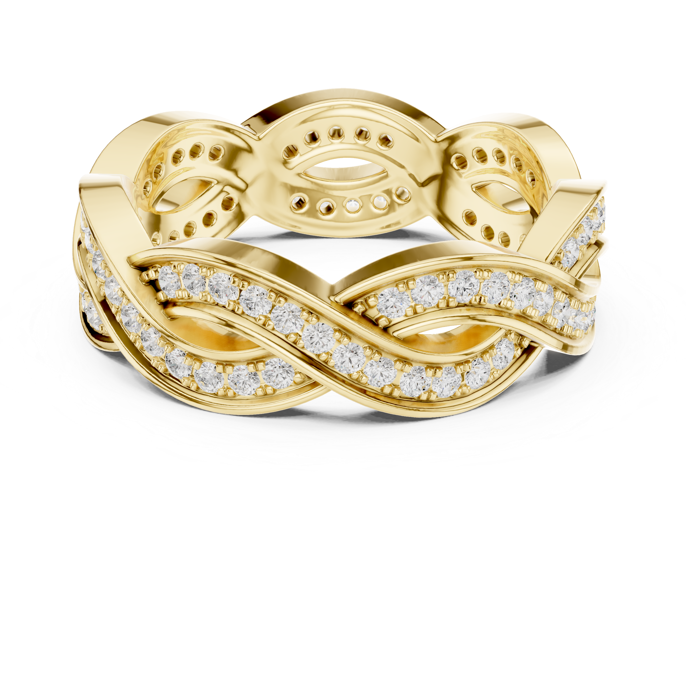 Gold ring with diamond accents on a white background