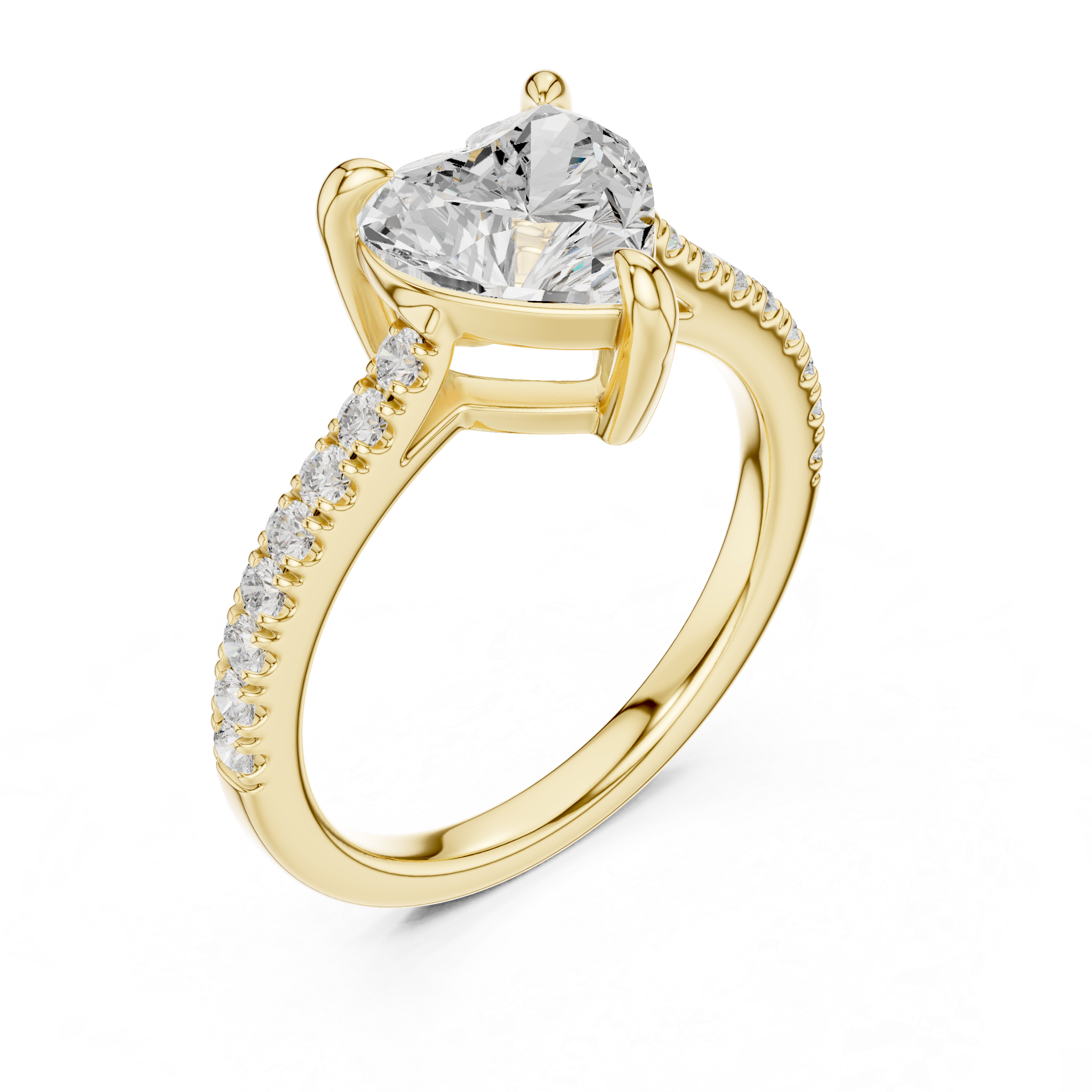Gold ring with a heart-shaped diamond on a white background