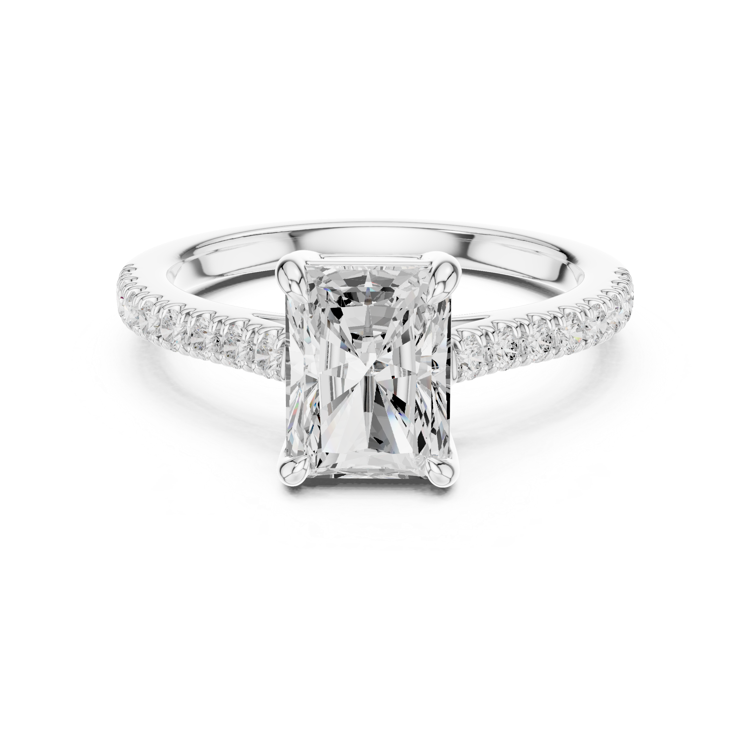 Diamond ring with a central gemstone and smaller diamonds on a white background