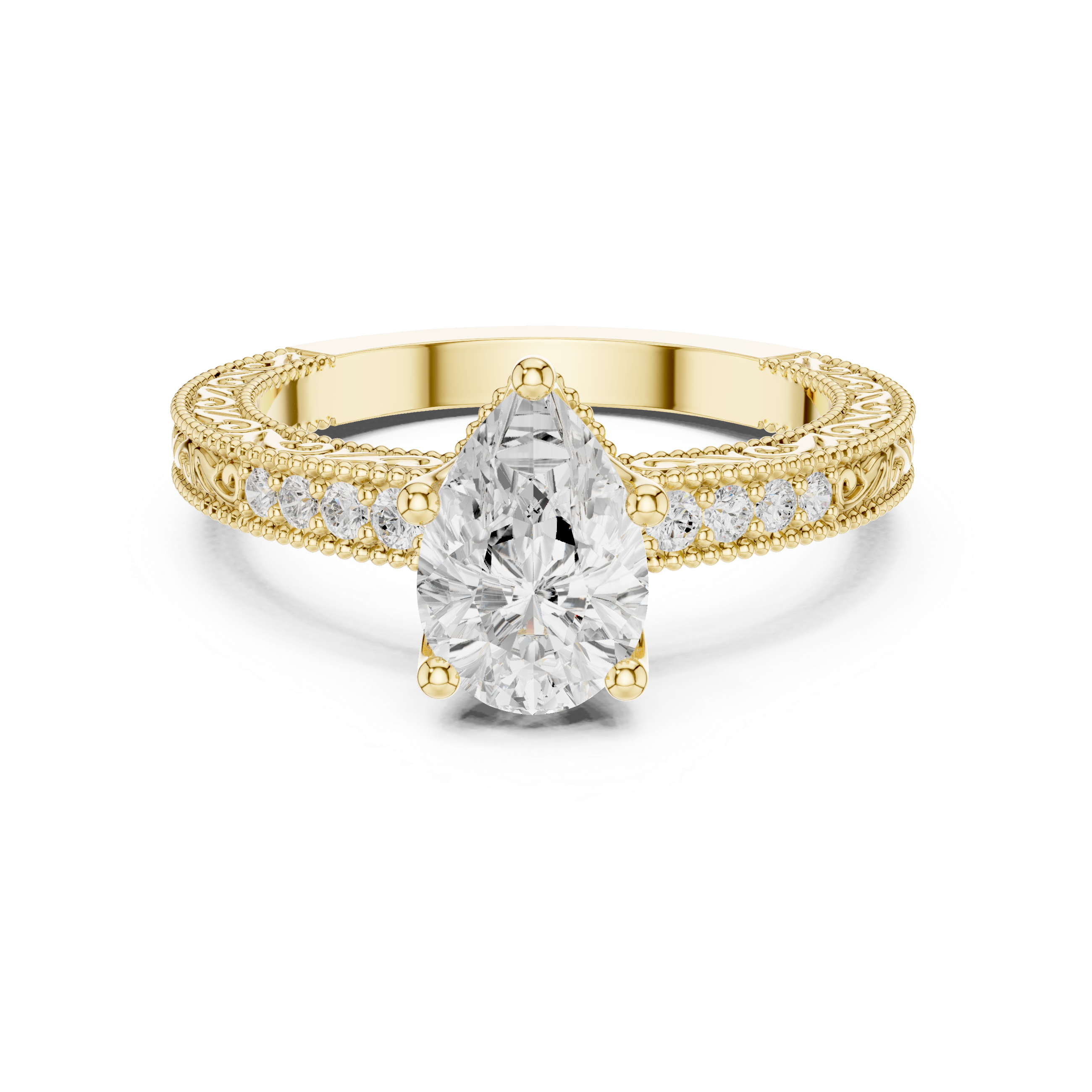 Gold ring with a pear-shaped diamond and diamond-studded band on a white background